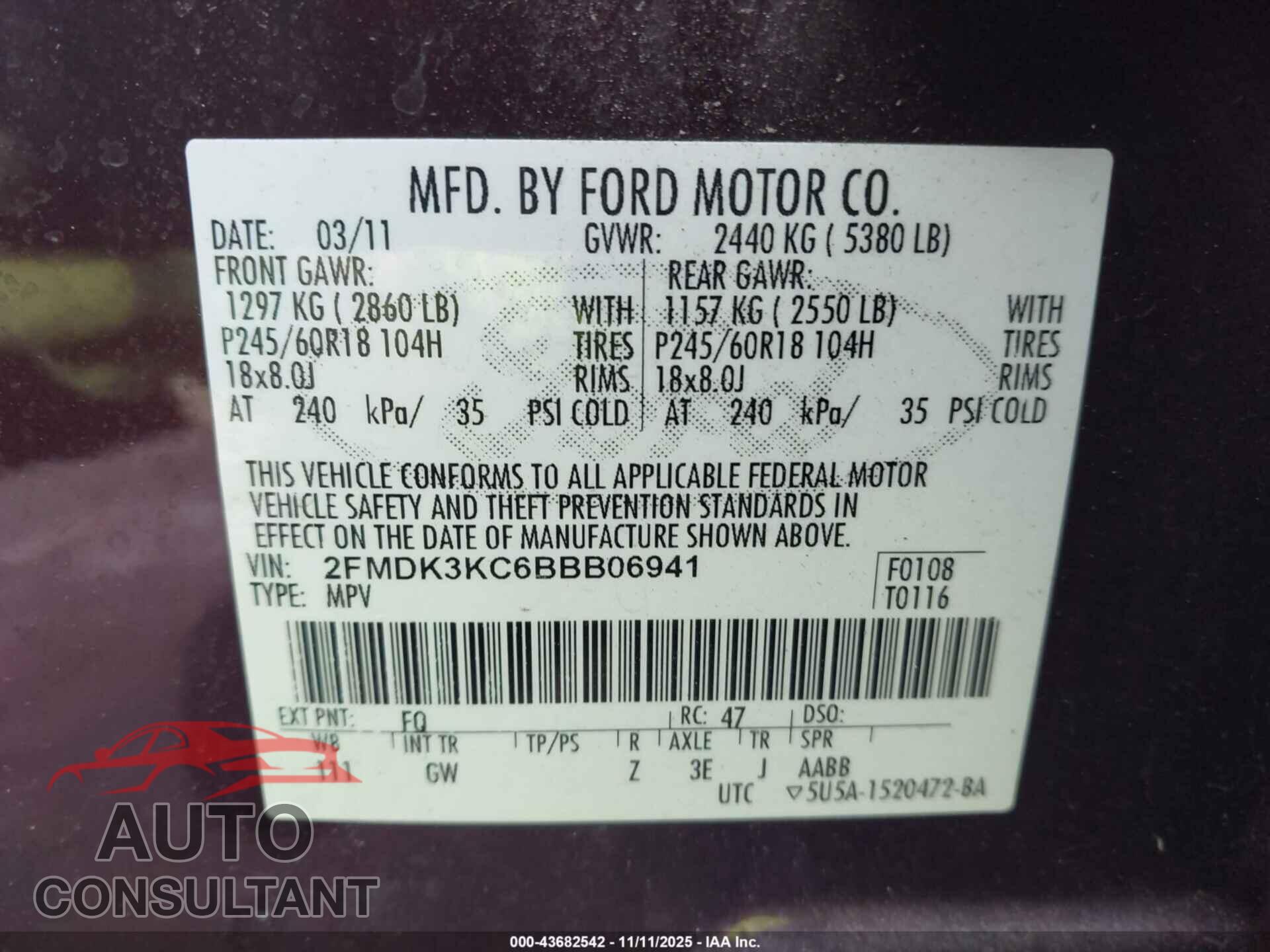 FORD EDGE 2011 - 2FMDK3KC6BBB06941