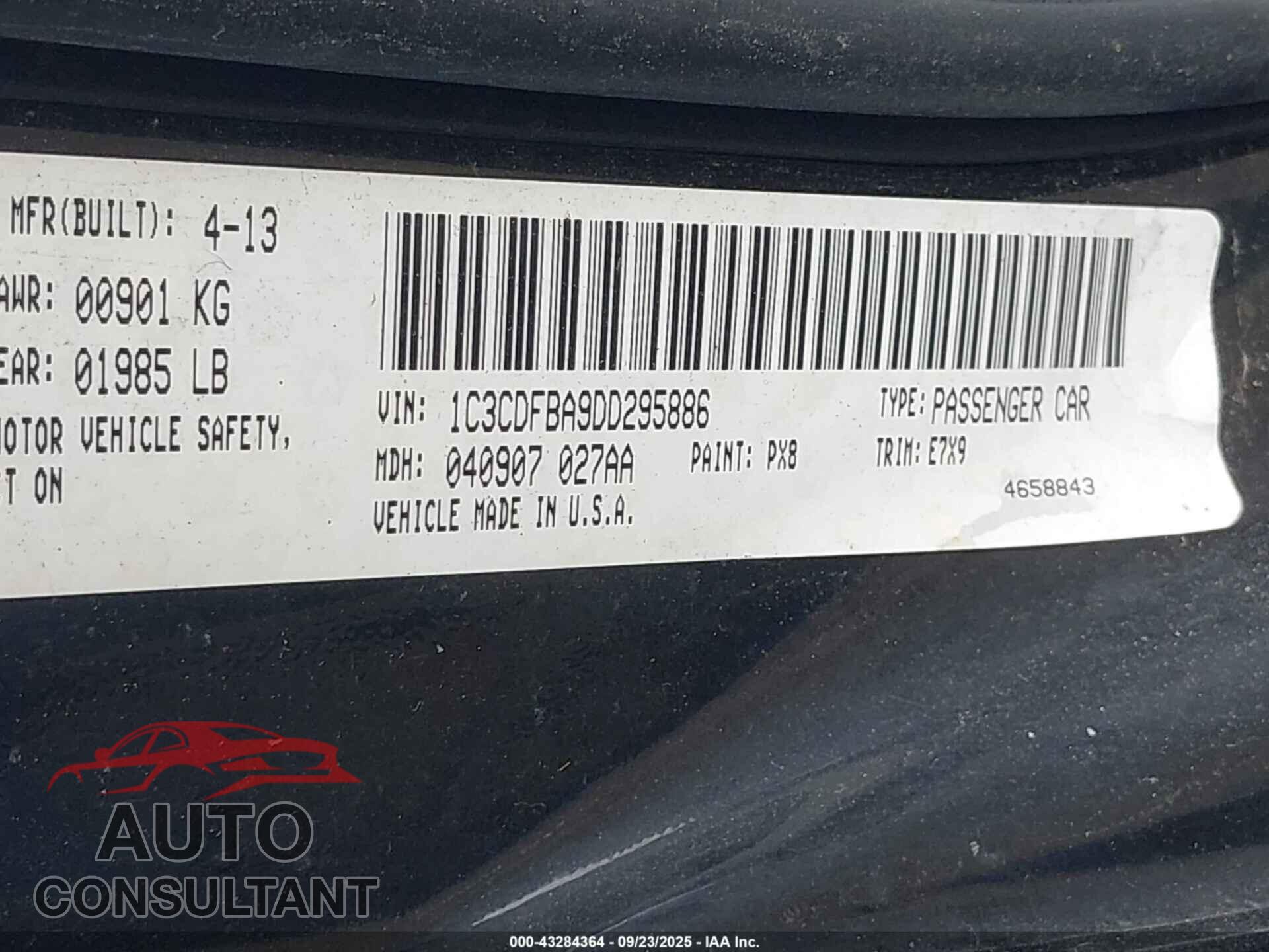 DODGE DART 2013 - 1C3CDFBA9DD295886