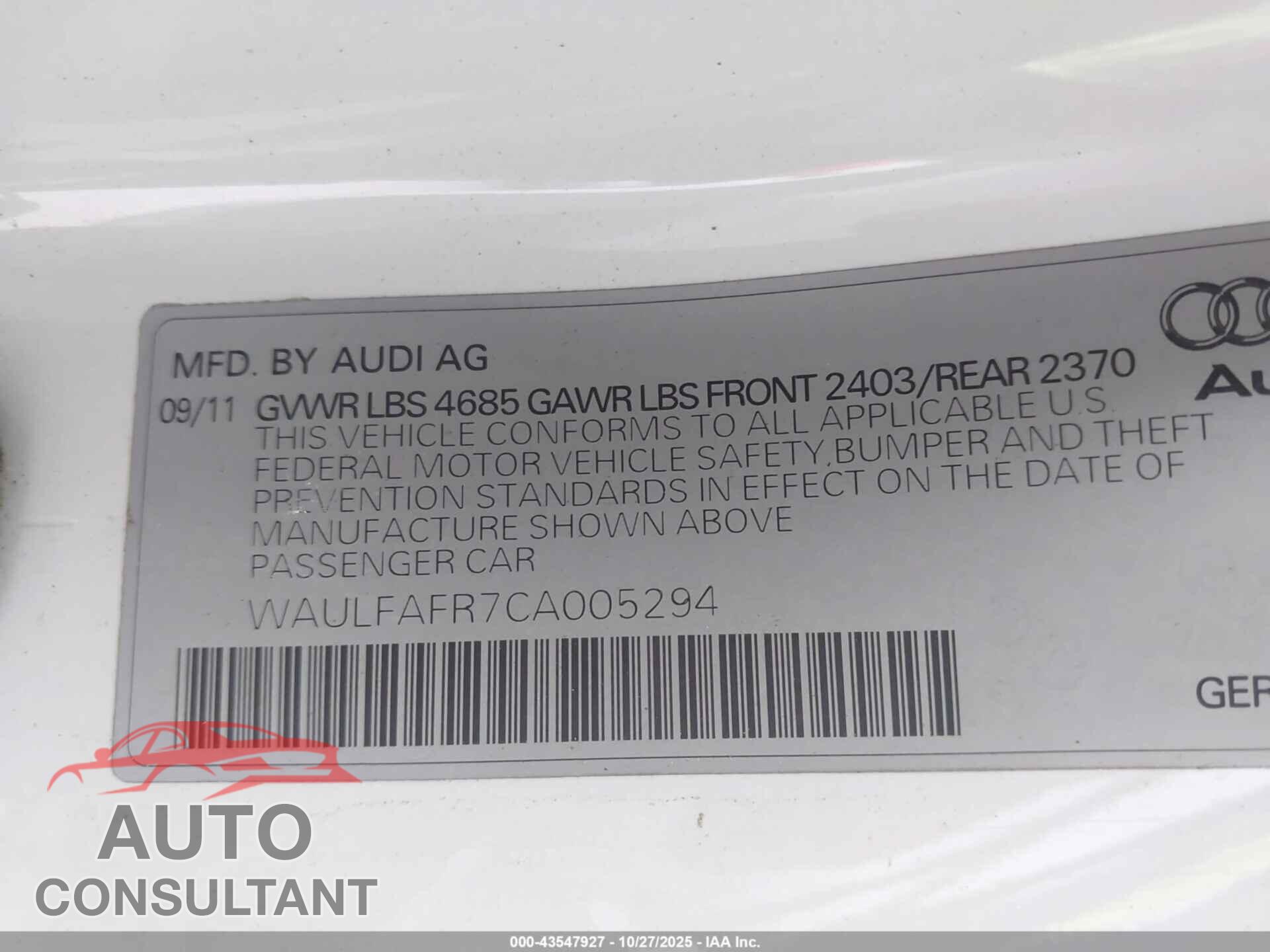 AUDI A5 2012 - WAULFAFR7CA005294