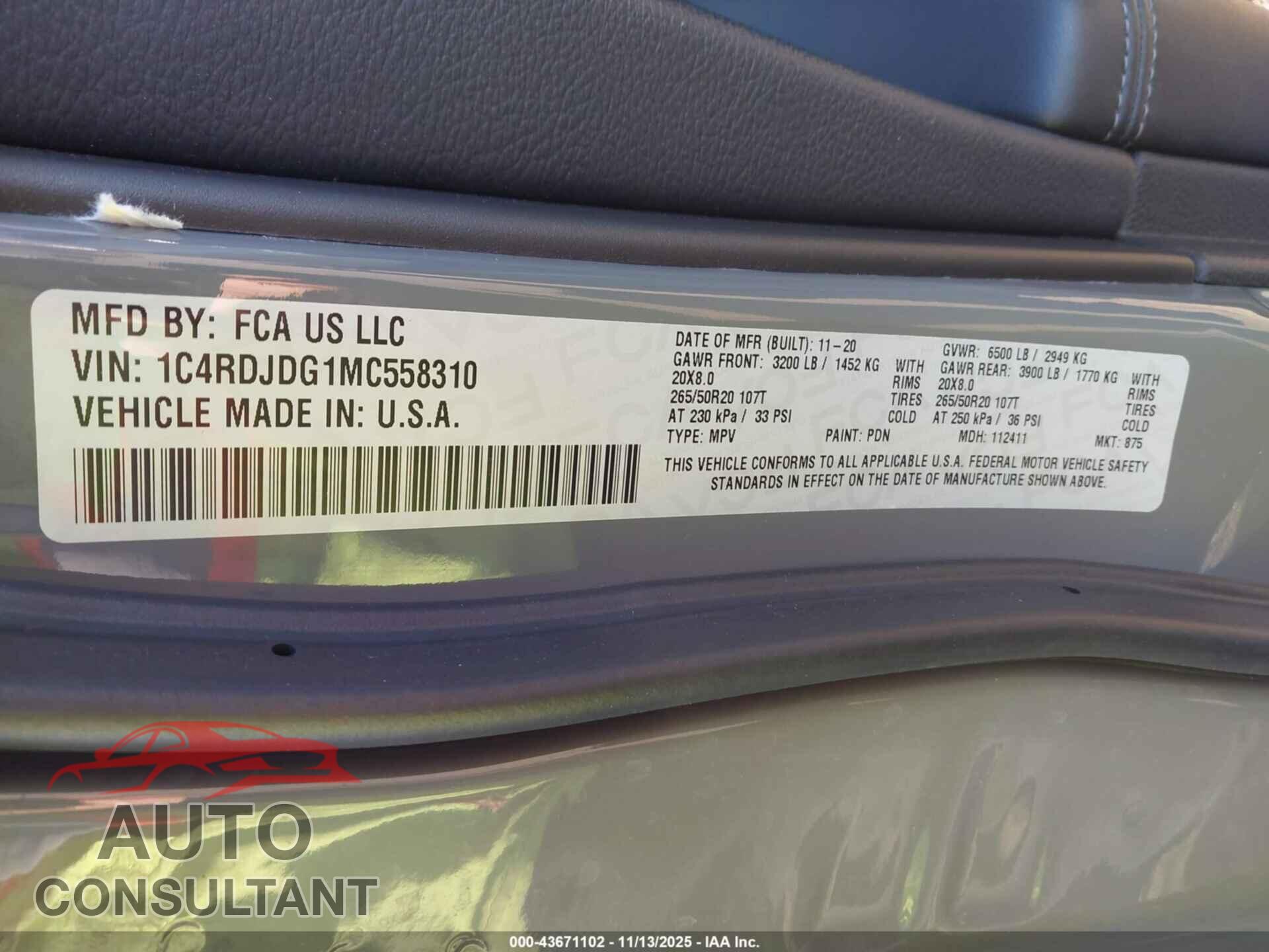 DODGE DURANGO 2021 - 1C4RDJDG1MC558310