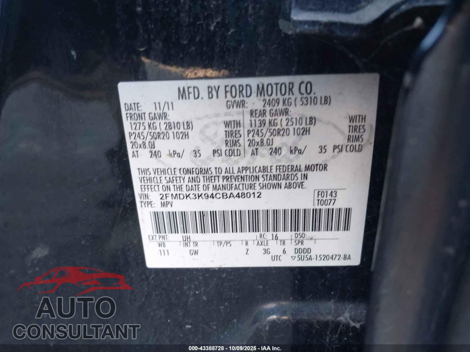 FORD EDGE 2012 - 2FMDK3K94CBA48012