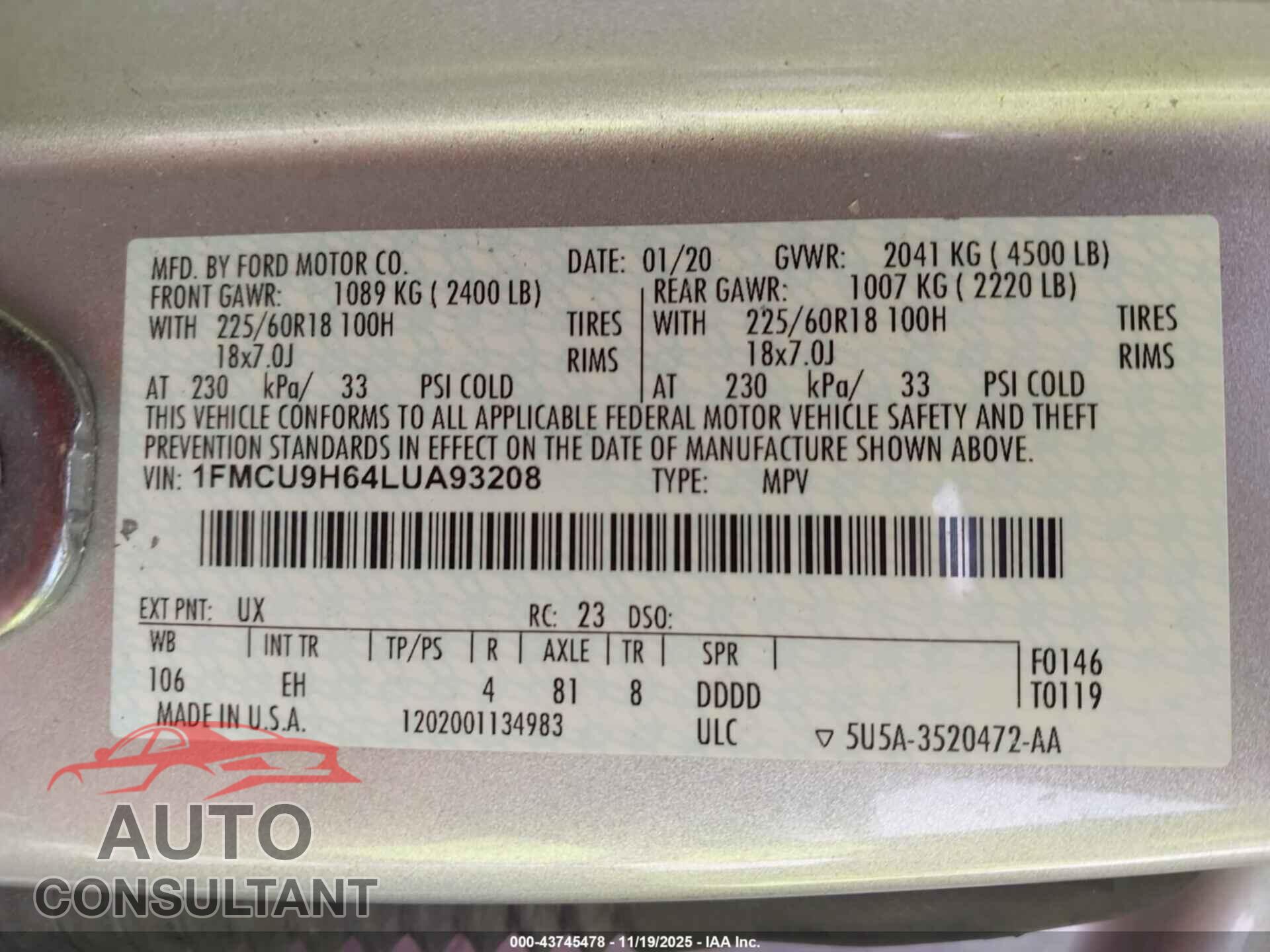 FORD ESCAPE 2020 - 1FMCU9H64LUA93208