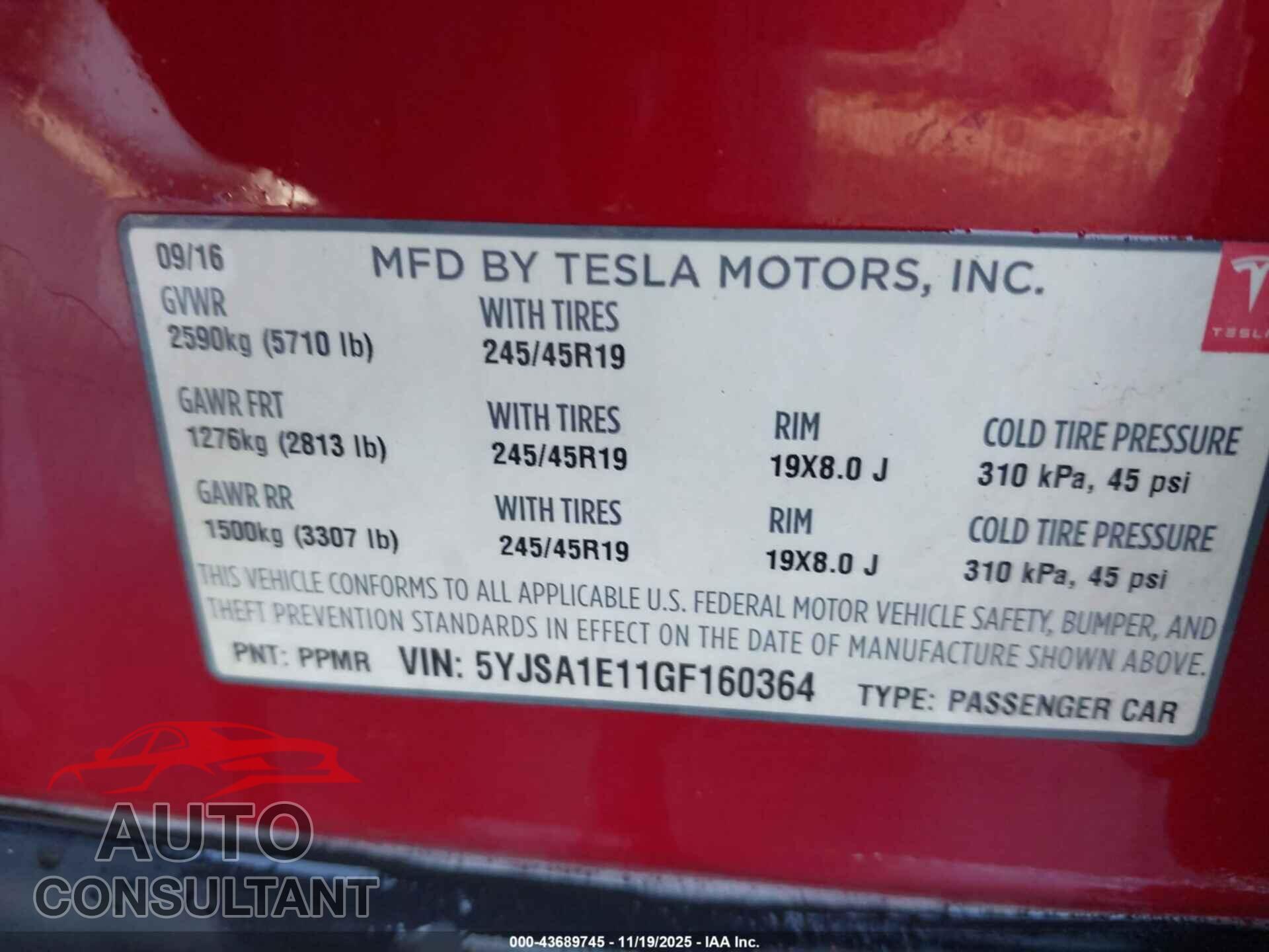 TESLA MODEL S 2016 - 5YJSA1E11GF160364