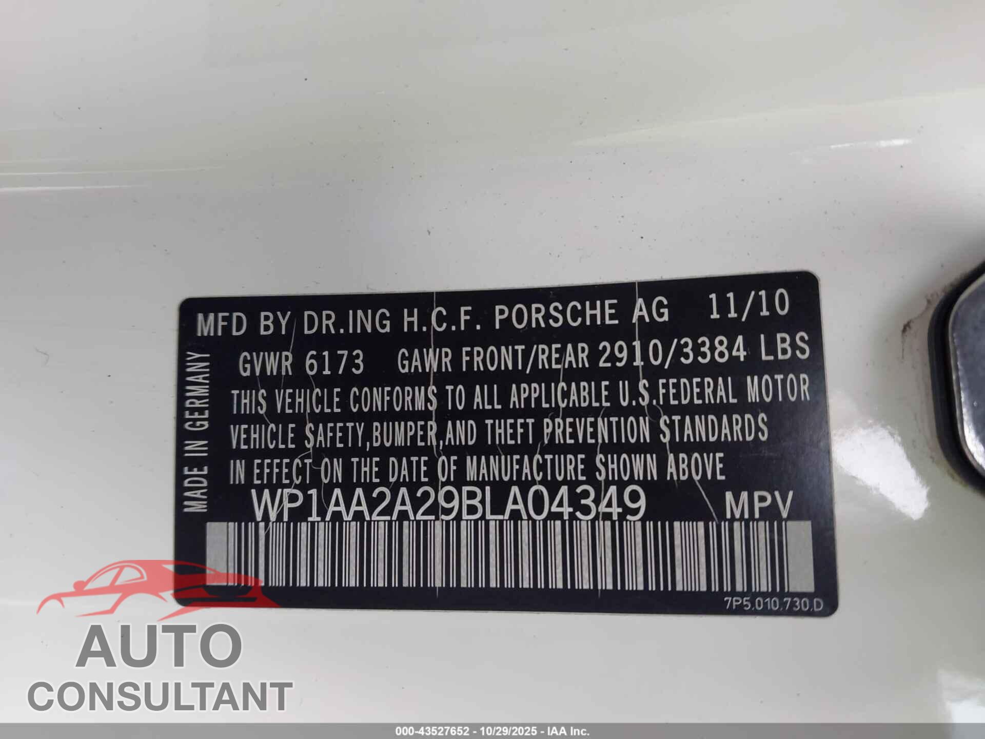 PORSCHE CAYENNE 2011 - WP1AA2A29BLA04349