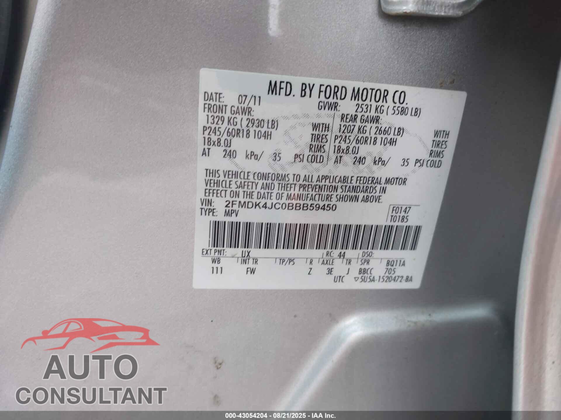 FORD EDGE 2011 - 2FMDK4JC0BBB59450