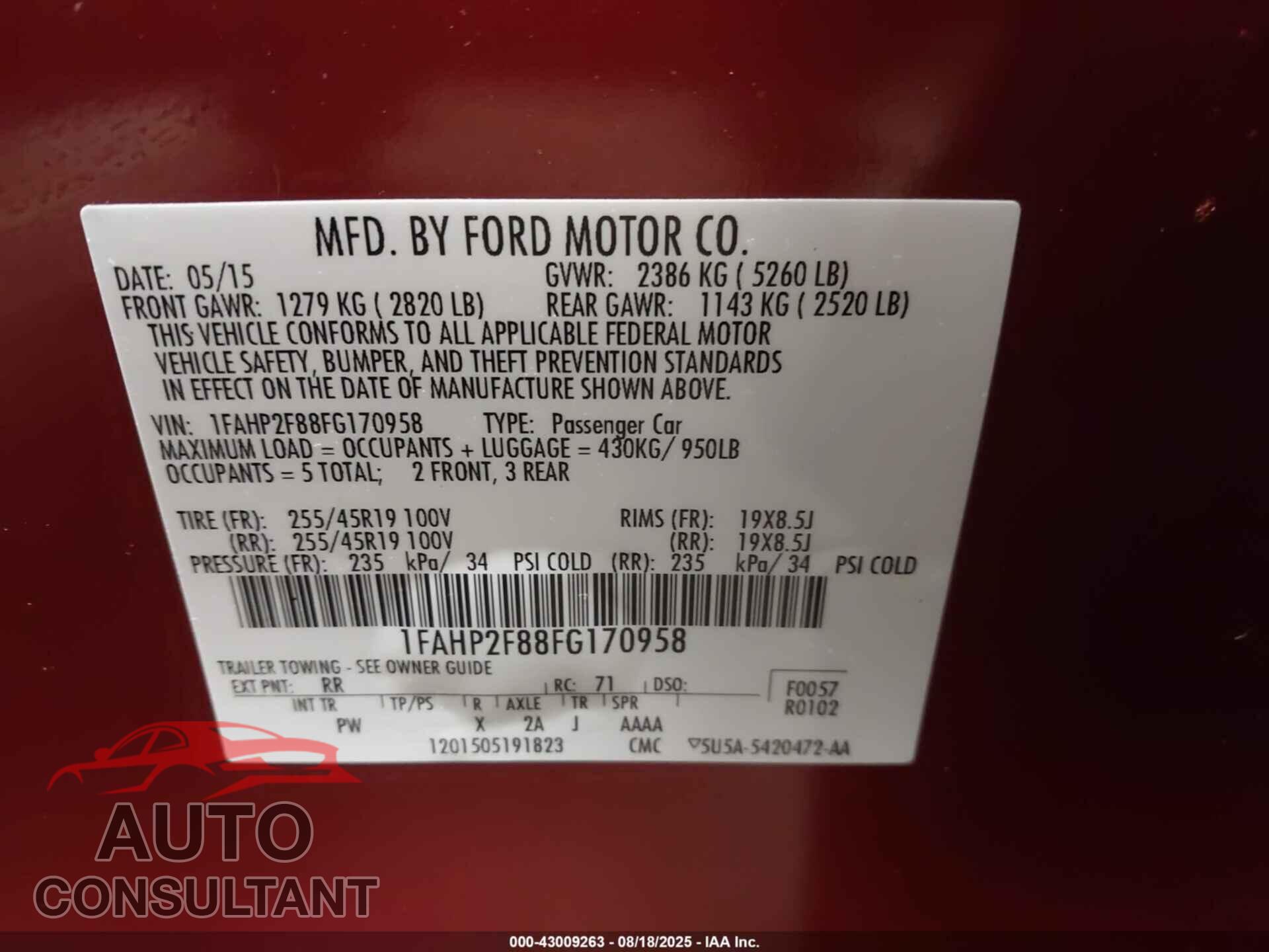 FORD TAURUS 2015 - 1FAHP2F88FG170958
