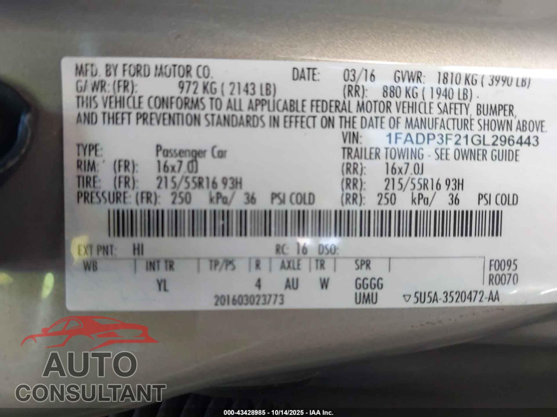 FORD FOCUS 2016 - 1FADP3F21GL296443