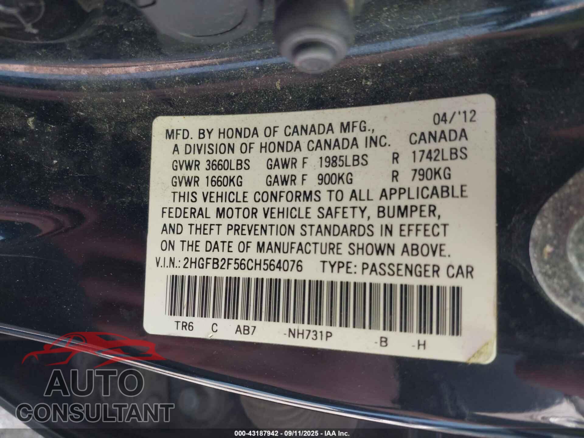 HONDA CIVIC 2012 - 2HGFB2F56CH564076