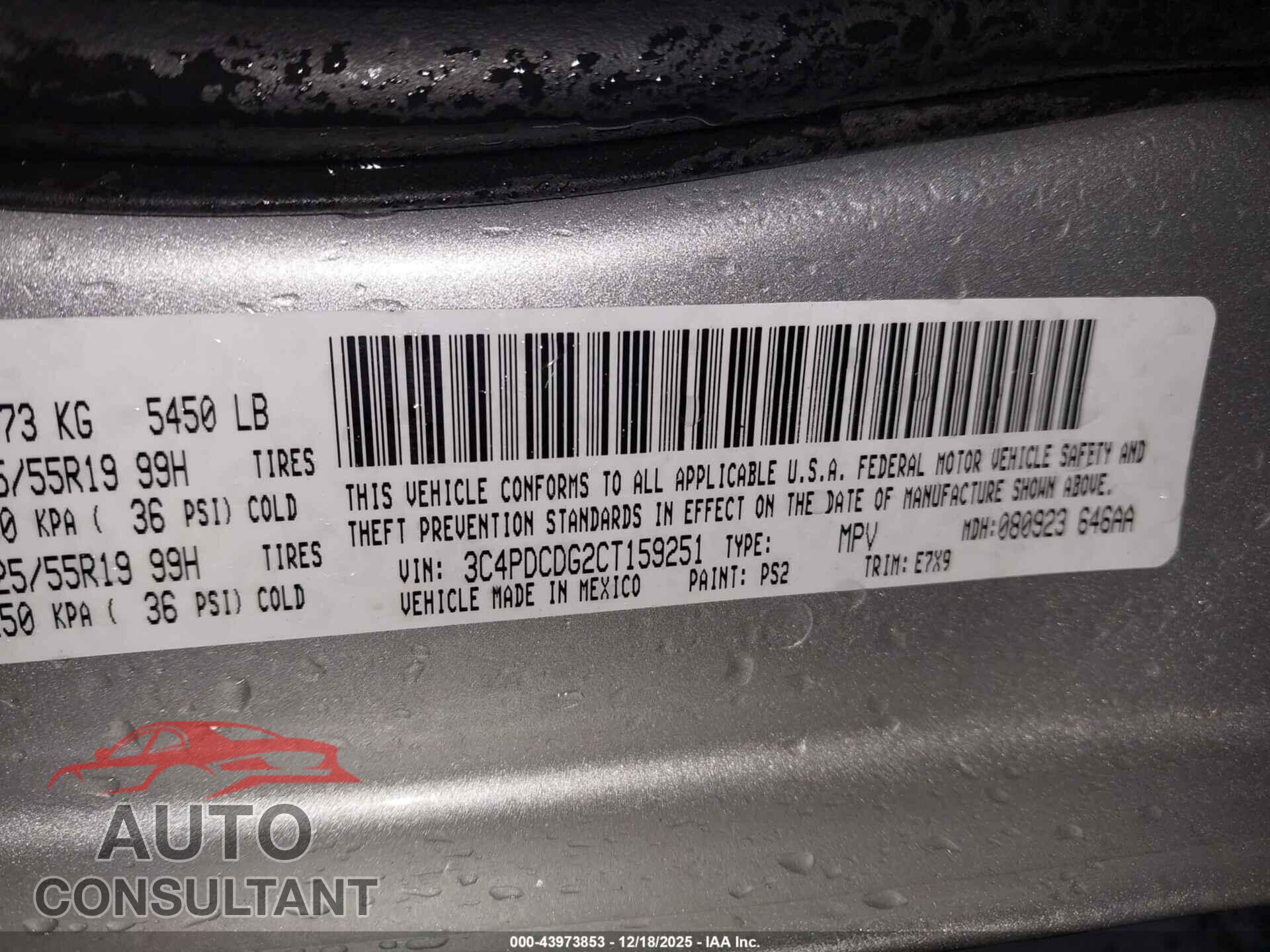 DODGE JOURNEY 2012 - 3C4PDCDG2CT159251