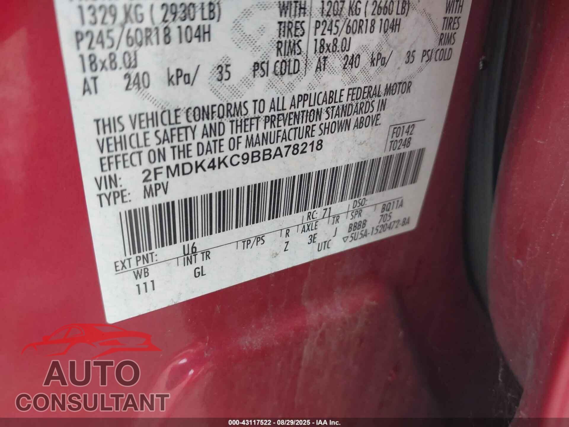 FORD EDGE 2011 - 2FMDK4KC9BBA78218