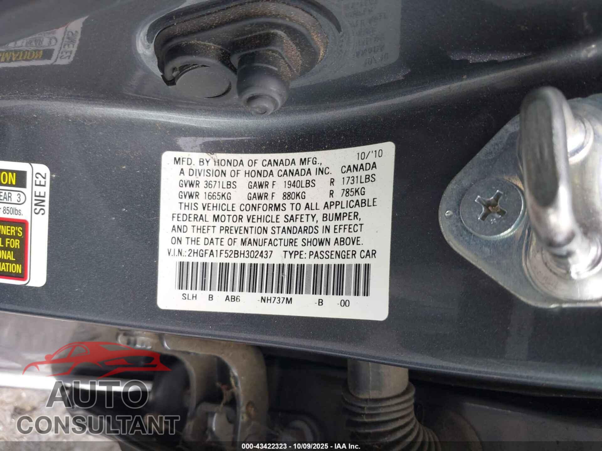 HONDA CIVIC 2011 - 2HGFA1F52BH302437