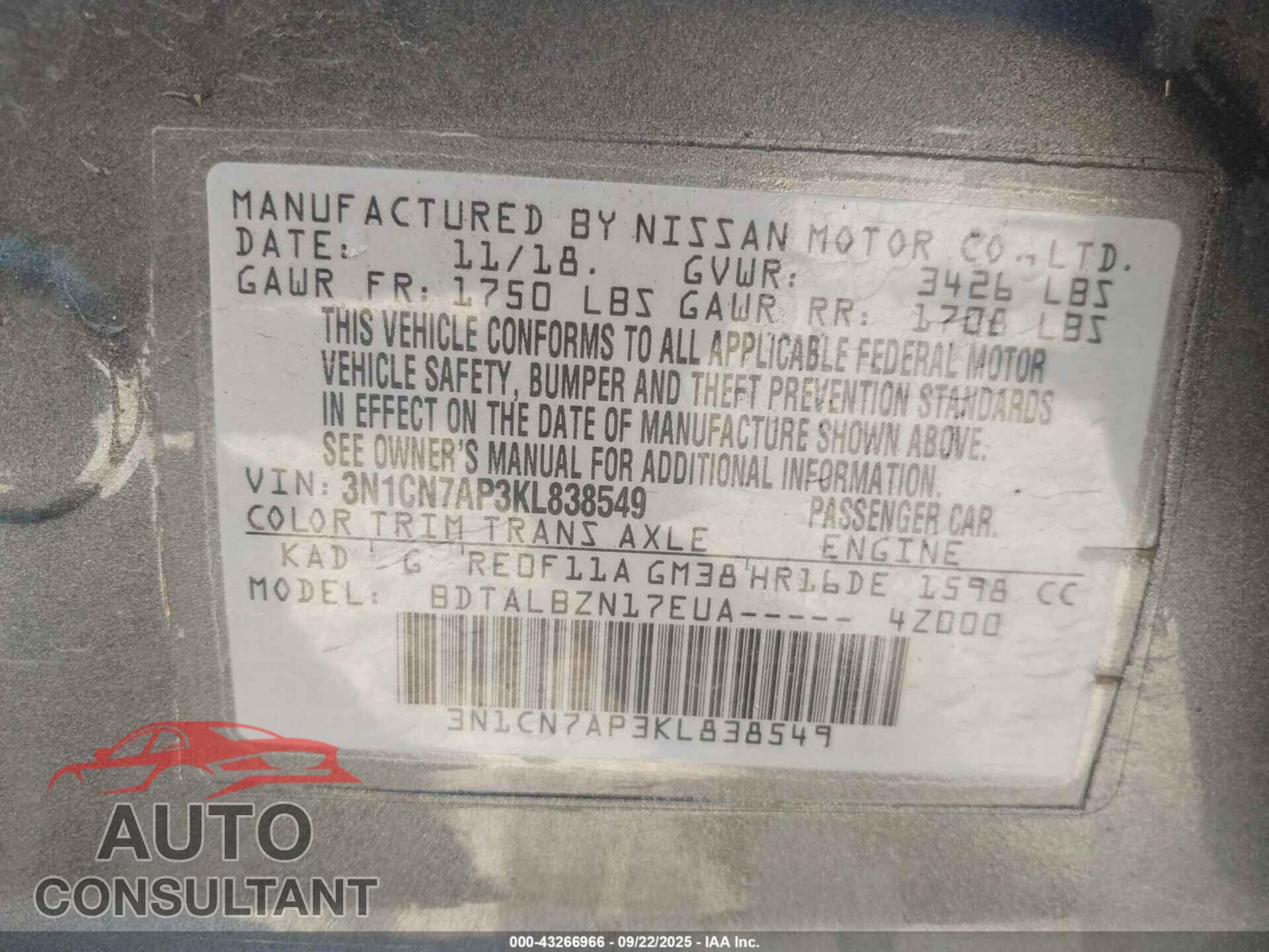 NISSAN VERSA 2019 - 3N1CN7AP3KL838549