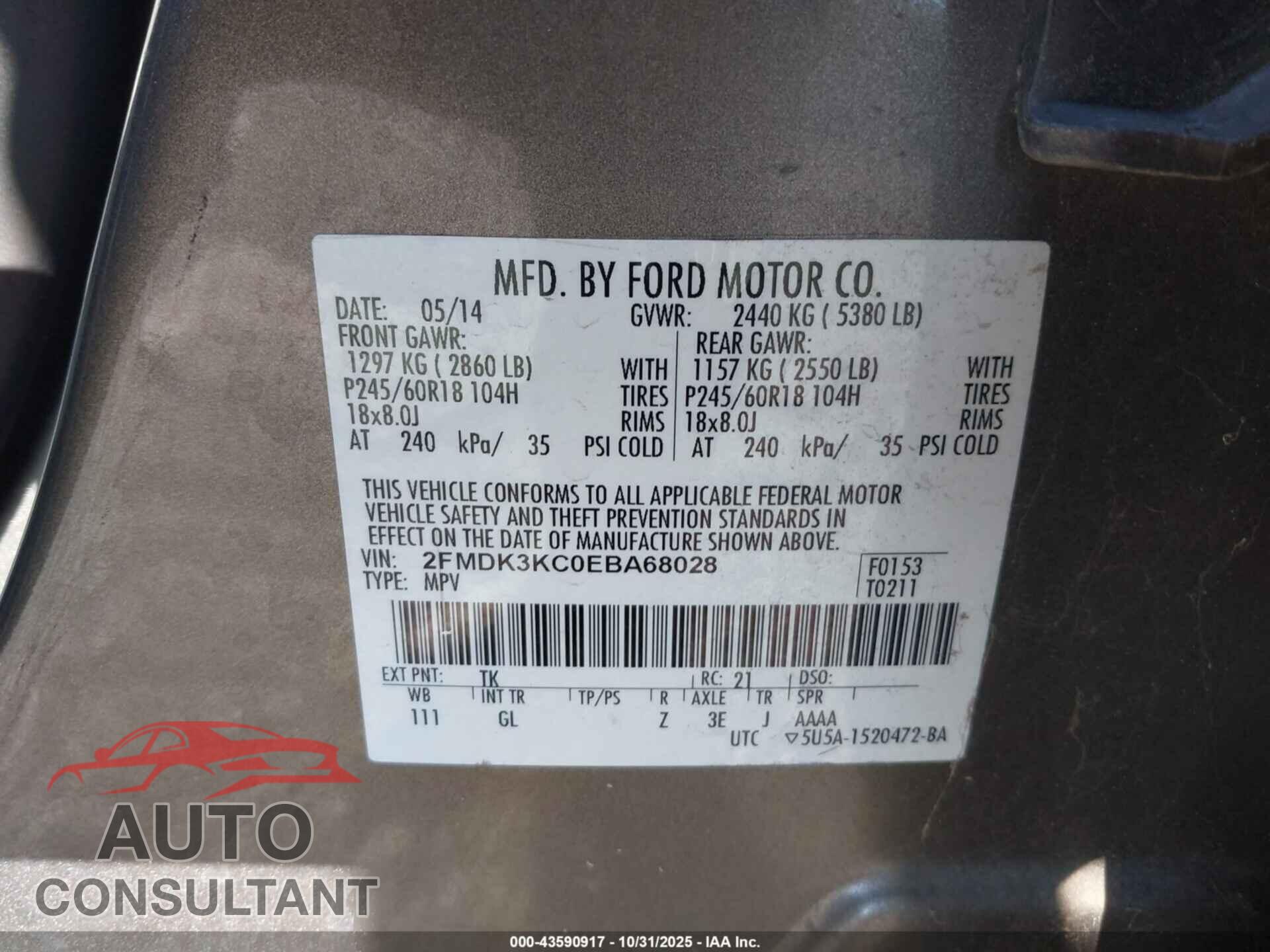FORD EDGE 2014 - 2FMDK3KC0EBA68028