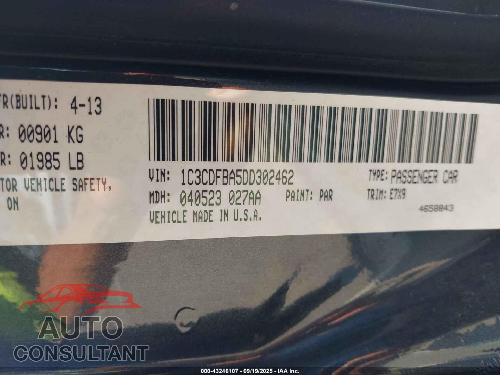 DODGE DART 2013 - 1C3CDFBA5DD302462