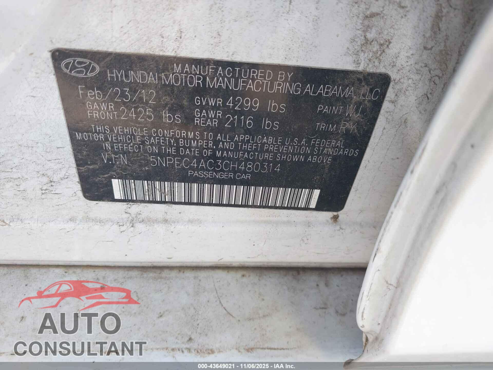 HYUNDAI SONATA 2012 - 5NPEC4AC3CH480314