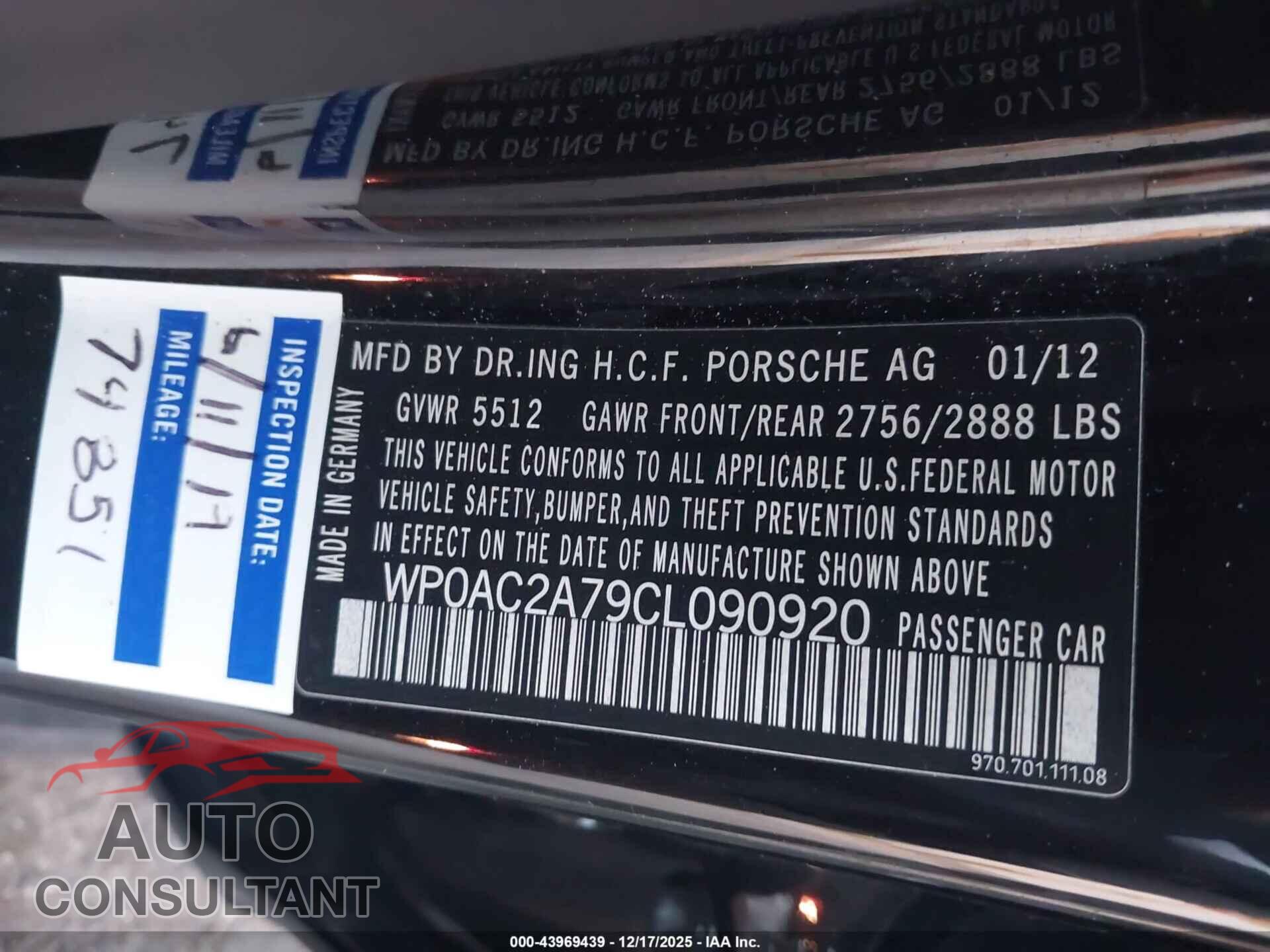 PORSCHE PANAMERA 2012 - WP0AC2A79CL090920