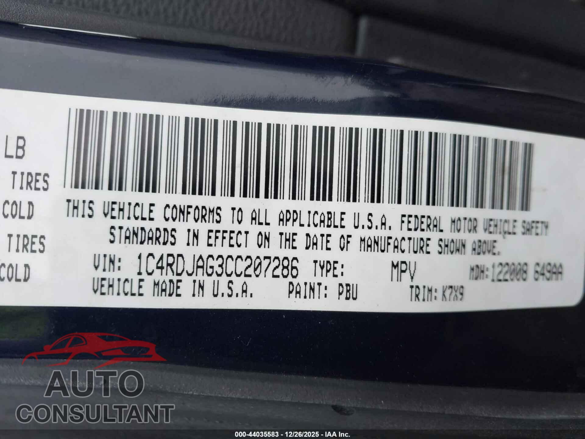 DODGE DURANGO 2012 - 1C4RDJAG3CC207286