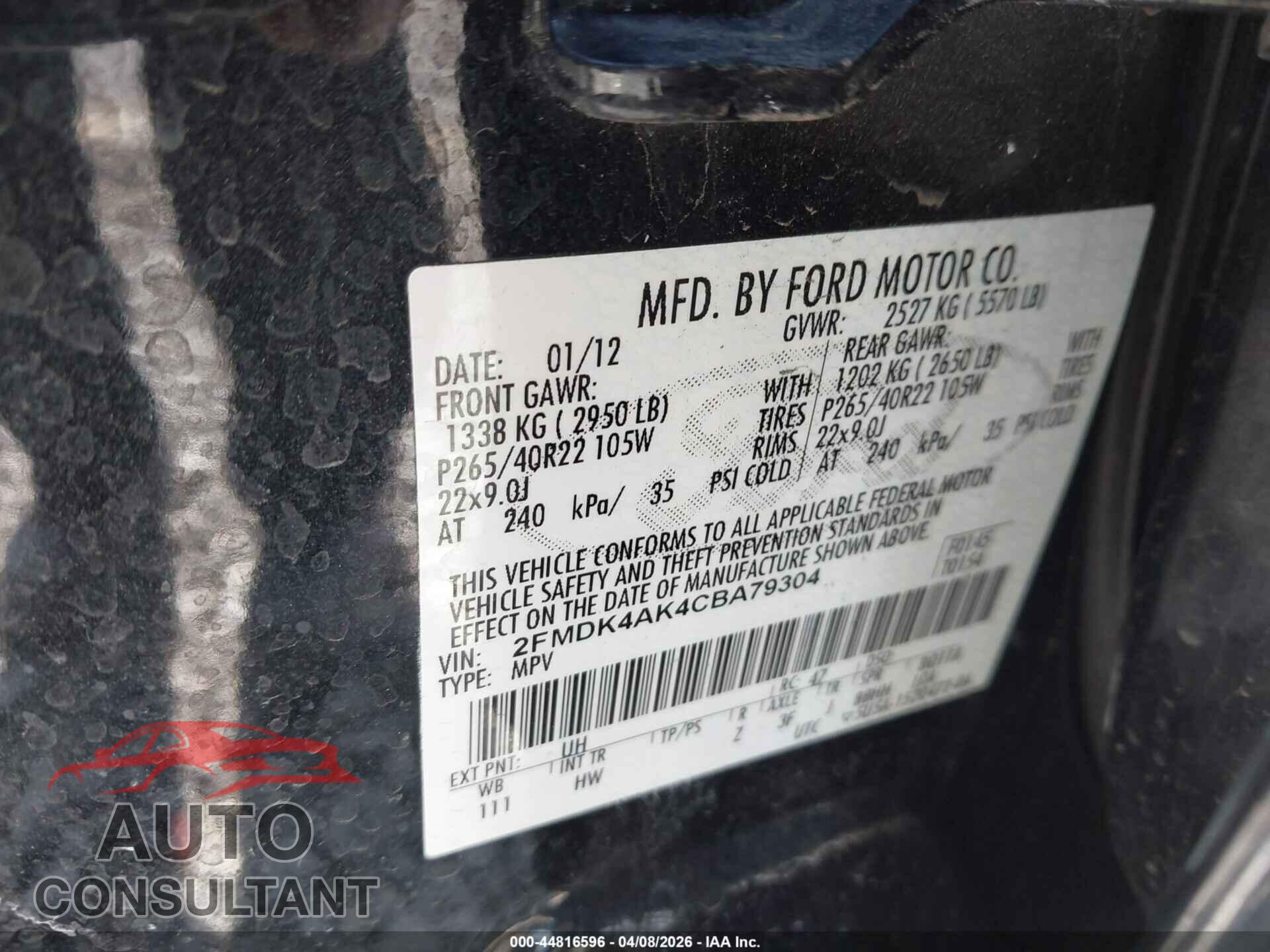 FORD EDGE 2012 - 2FMDK4AK4CBA79304