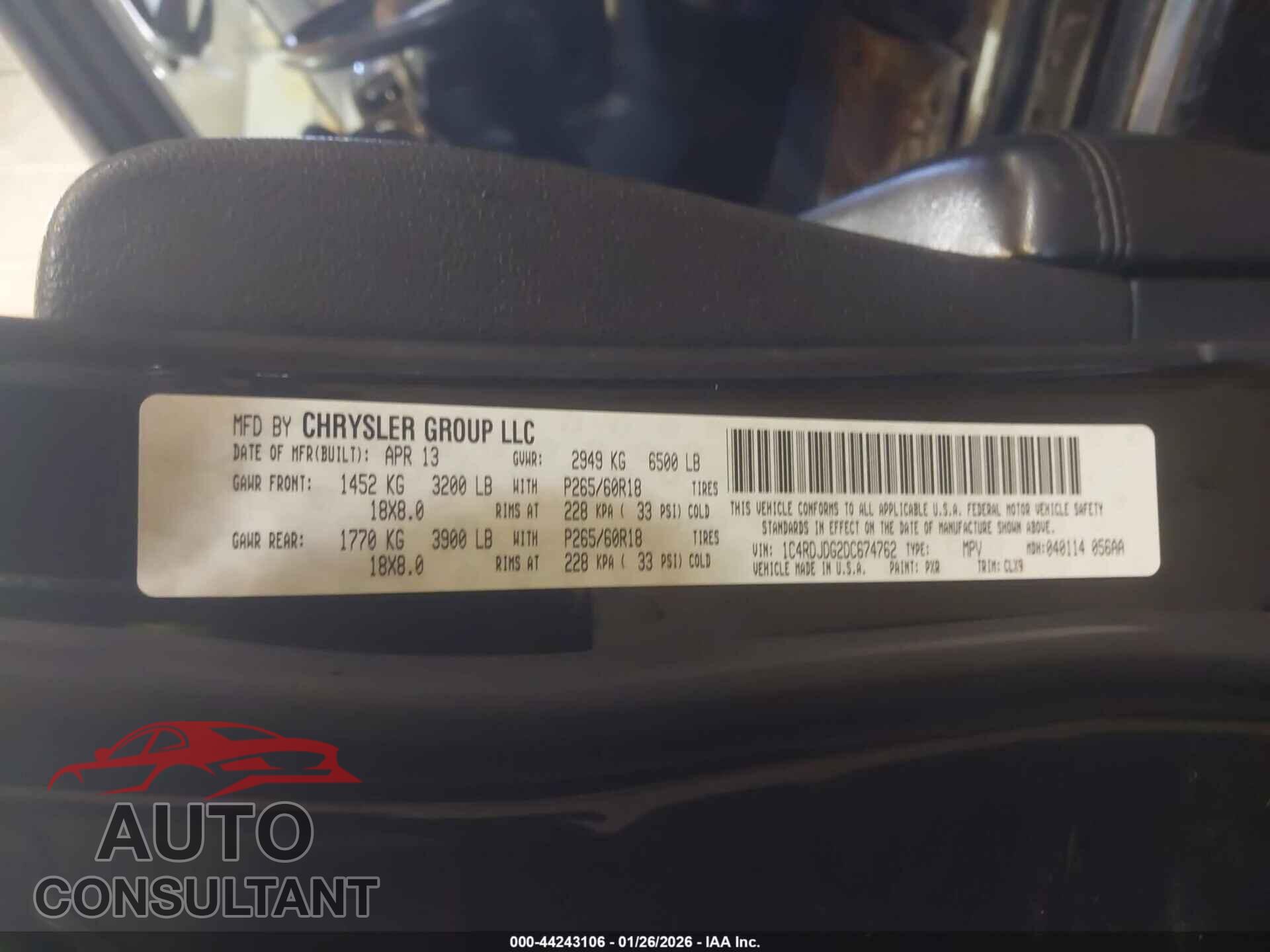 DODGE DURANGO 2013 - 1C4RDJDG2DC674762