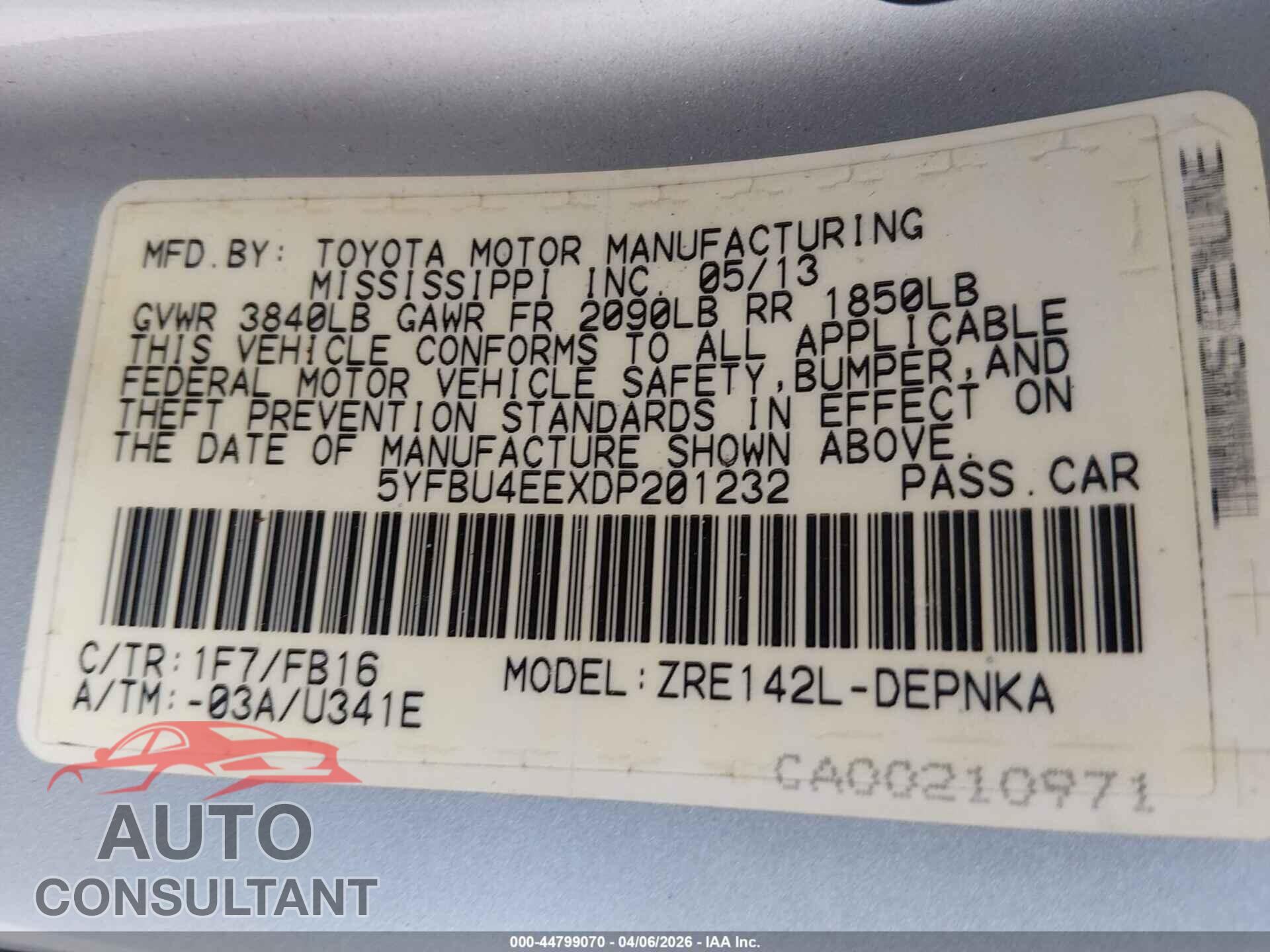 TOYOTA COROLLA 2013 - 5YFBU4EEXDP201232