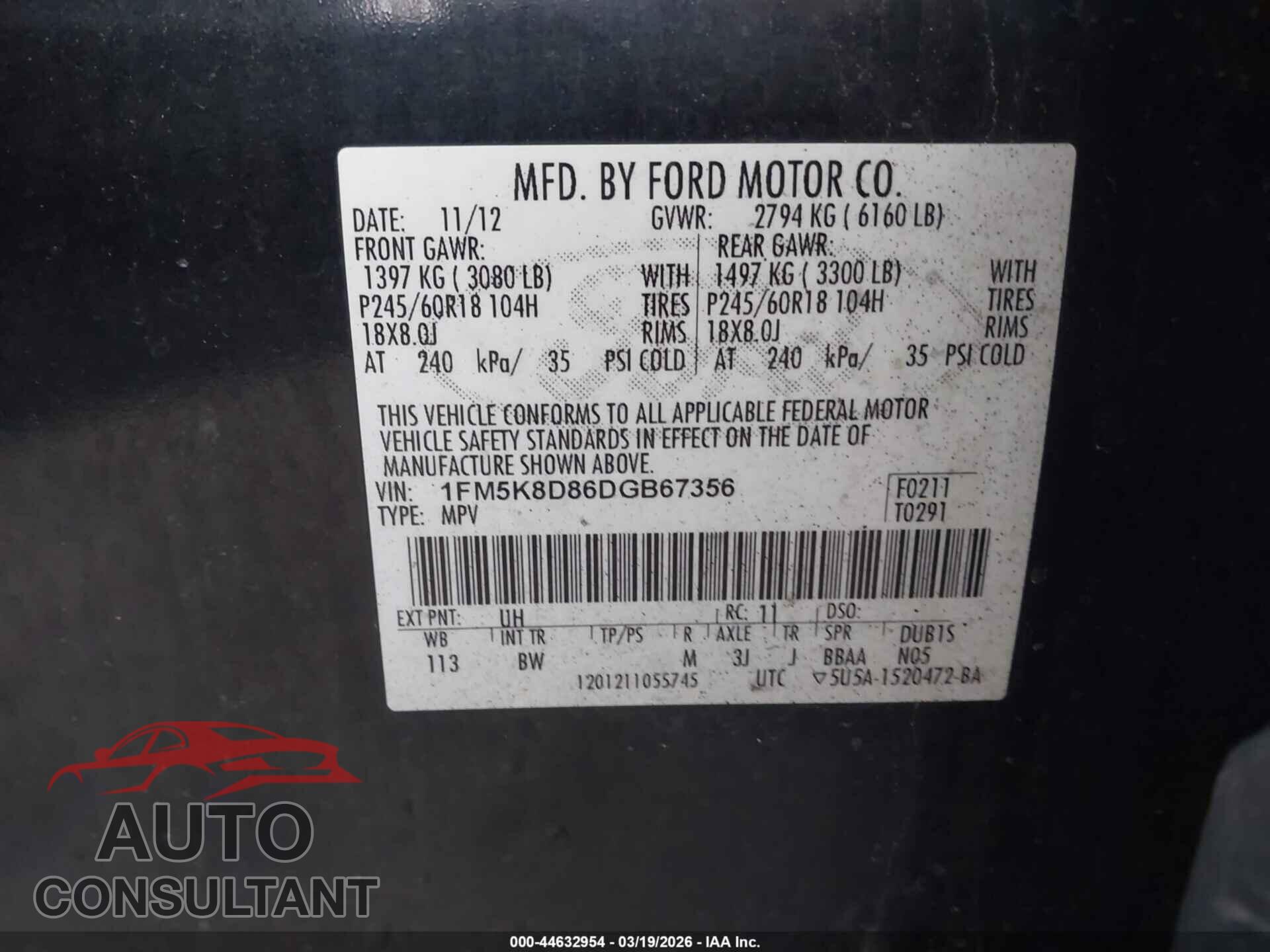 FORD EXPLORER 2013 - 1FM5K8D86DGB67356