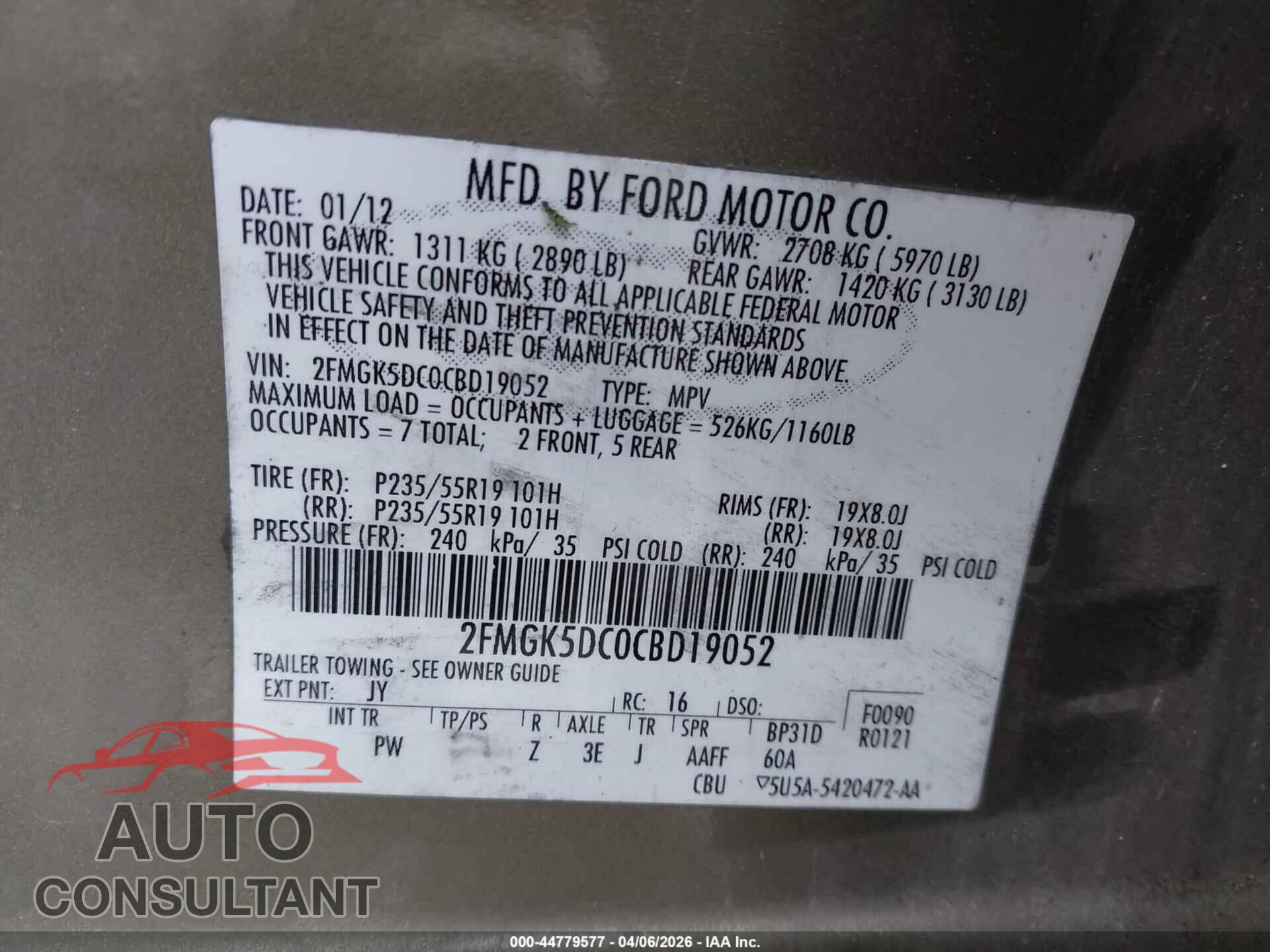 FORD FLEX 2012 - 2FMGK5DC0CBD19052