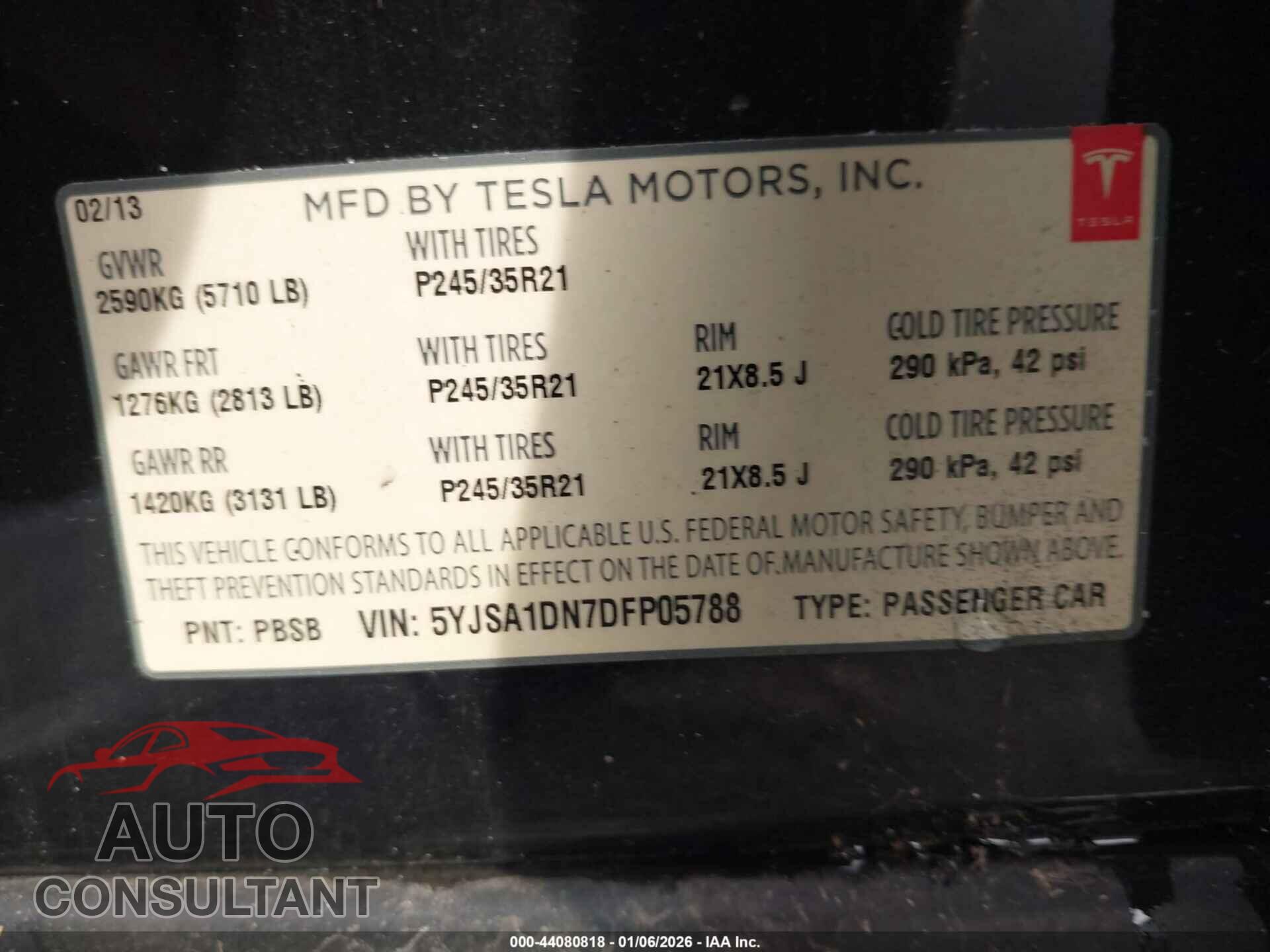 TESLA MODEL S 2013 - 5YJSA1DN7DFP05788