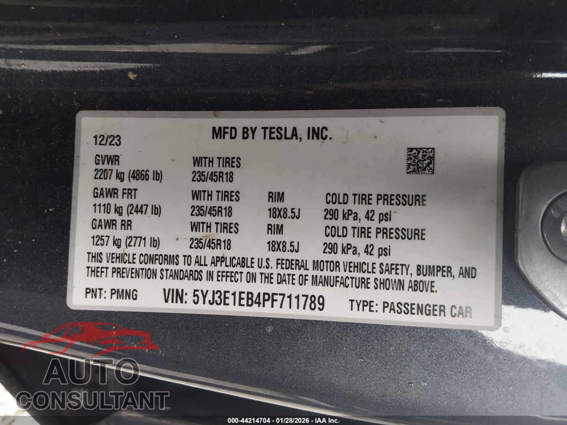 TESLA MODEL 3 2023 - 5YJ3E1EB4PF711789