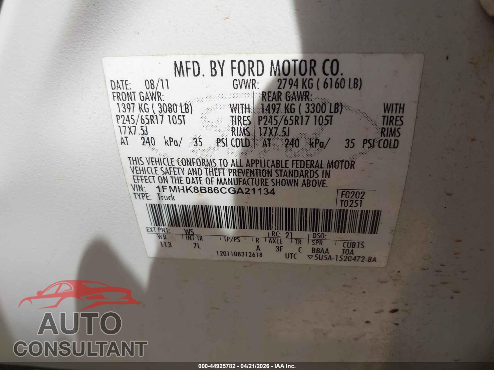 FORD EXPLORER 2012 - 1FMHK8B86CGA21134