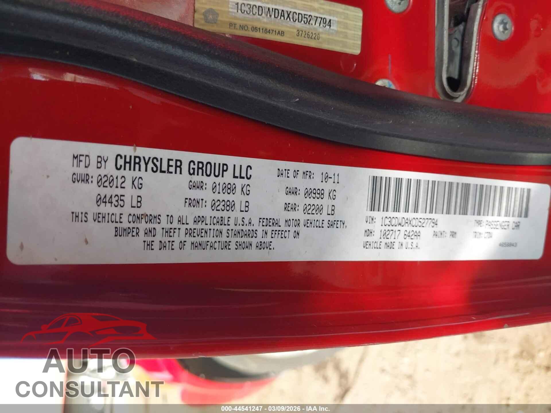 DODGE CALIBER 2012 - 1C3CDWDAXCD527794