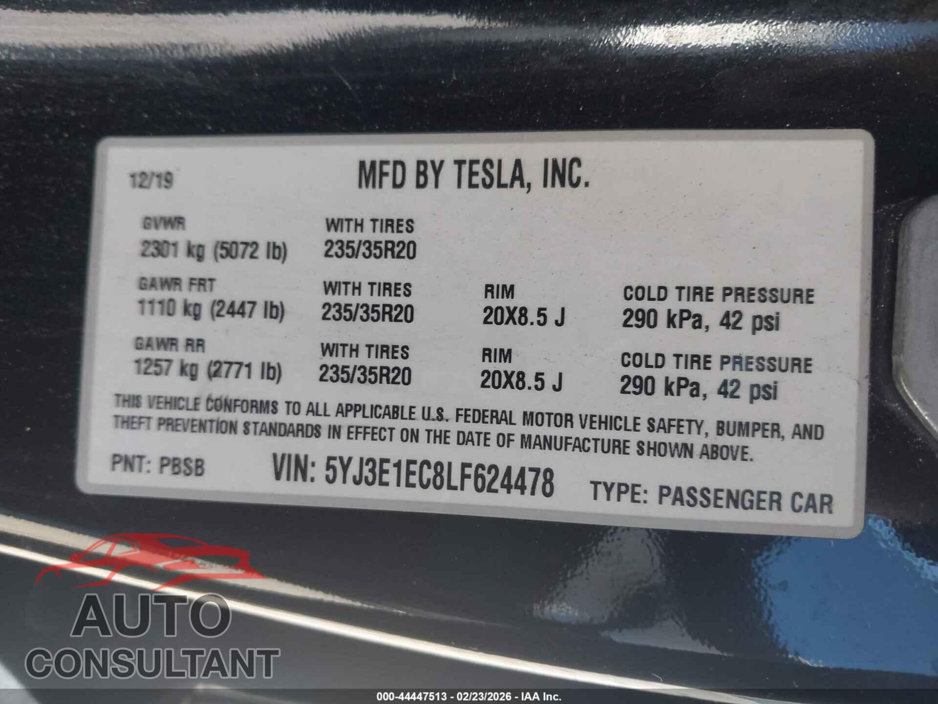 TESLA MODEL 3 2020 - 5YJ3E1EC8LF624478