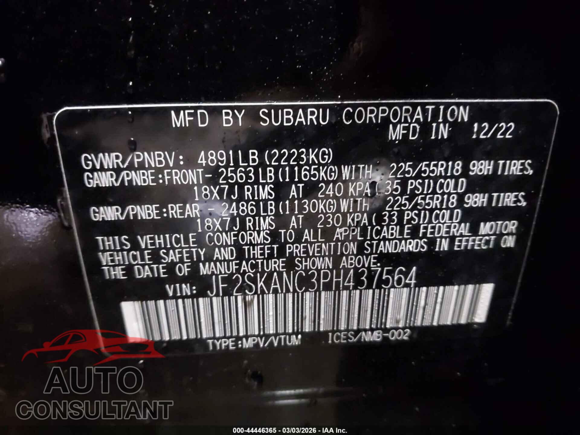 SUBARU FORESTER 2023 - JF2SKANC3PH437564