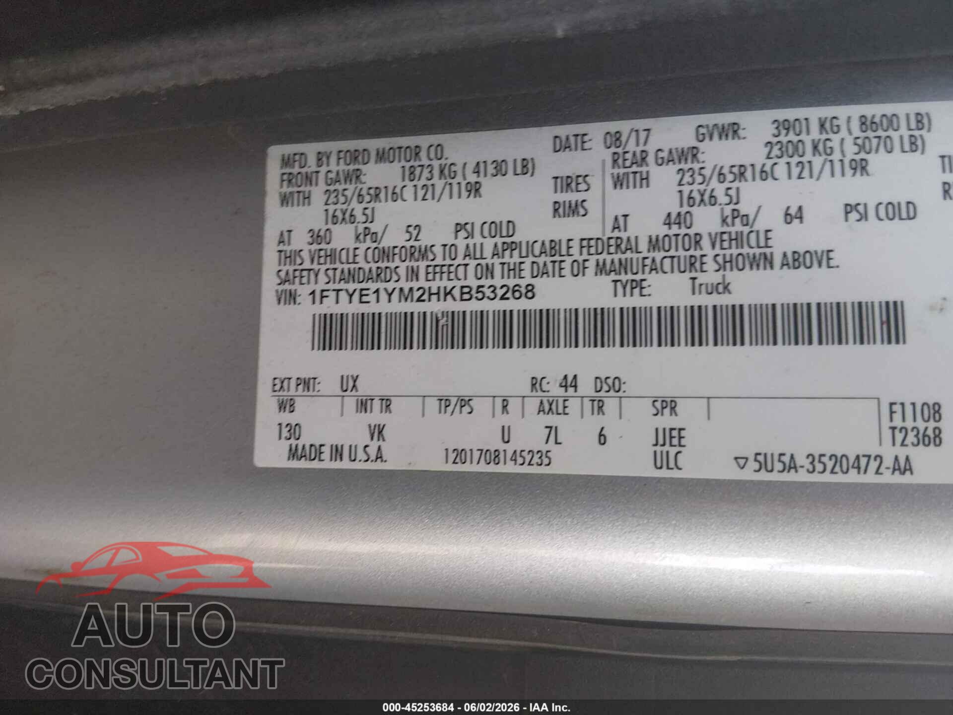 FORD TRANSIT-150 2017 - 1FTYE1YM2HKB53268