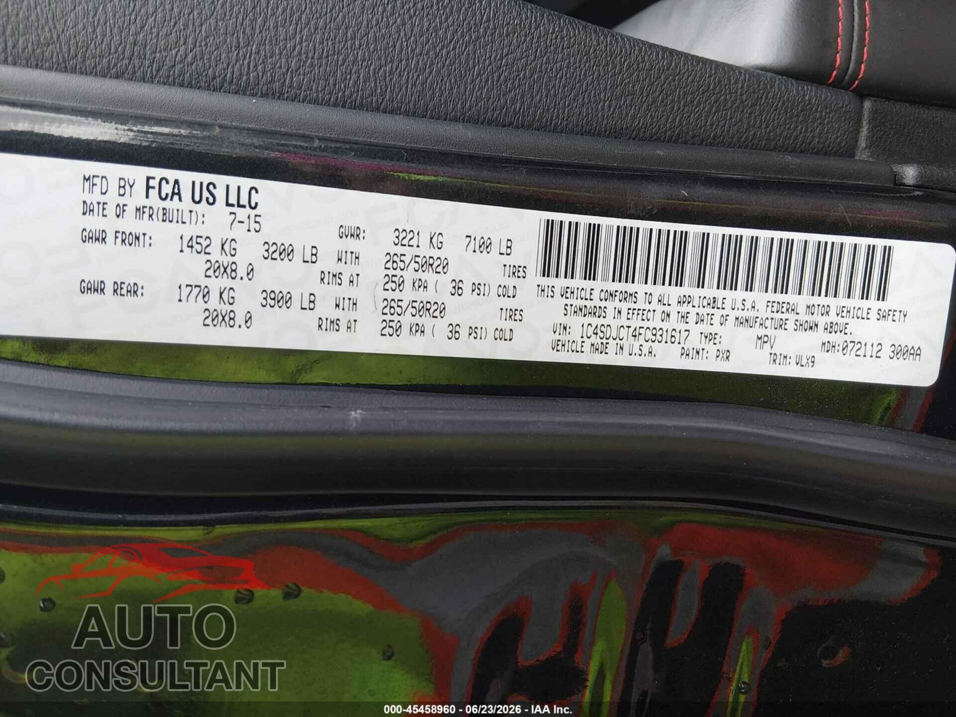 DODGE DURANGO 2015 - 1C4SDJCT4FC931617
