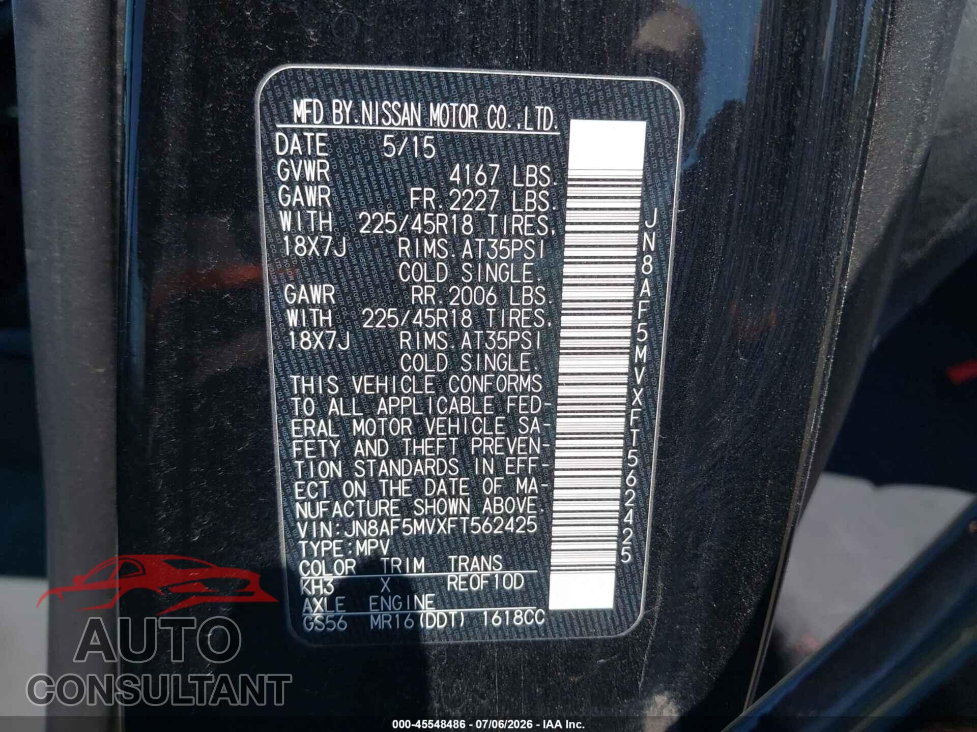 NISSAN JUKE 2015 - JN8AF5MVXFT562425