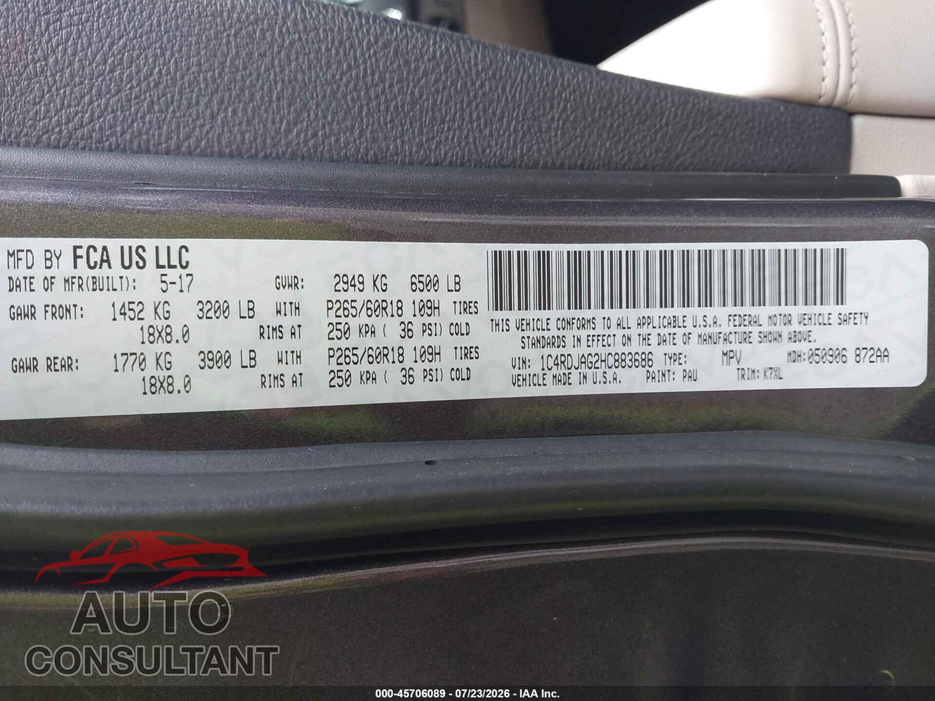 DODGE DURANGO 2017 - 1C4RDJAG2HC883686