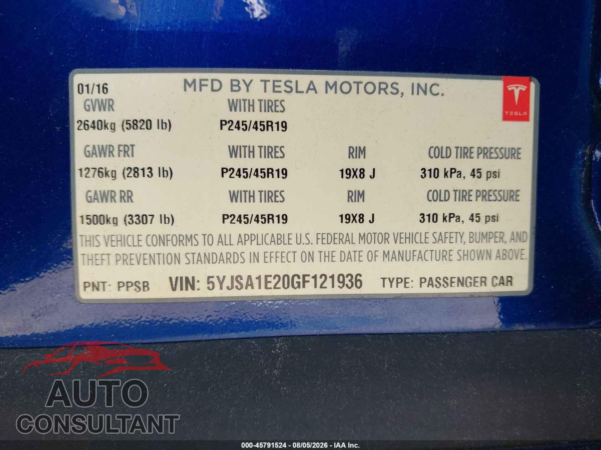 TESLA MODEL S 2016 - 5YJSA1E20GF121936