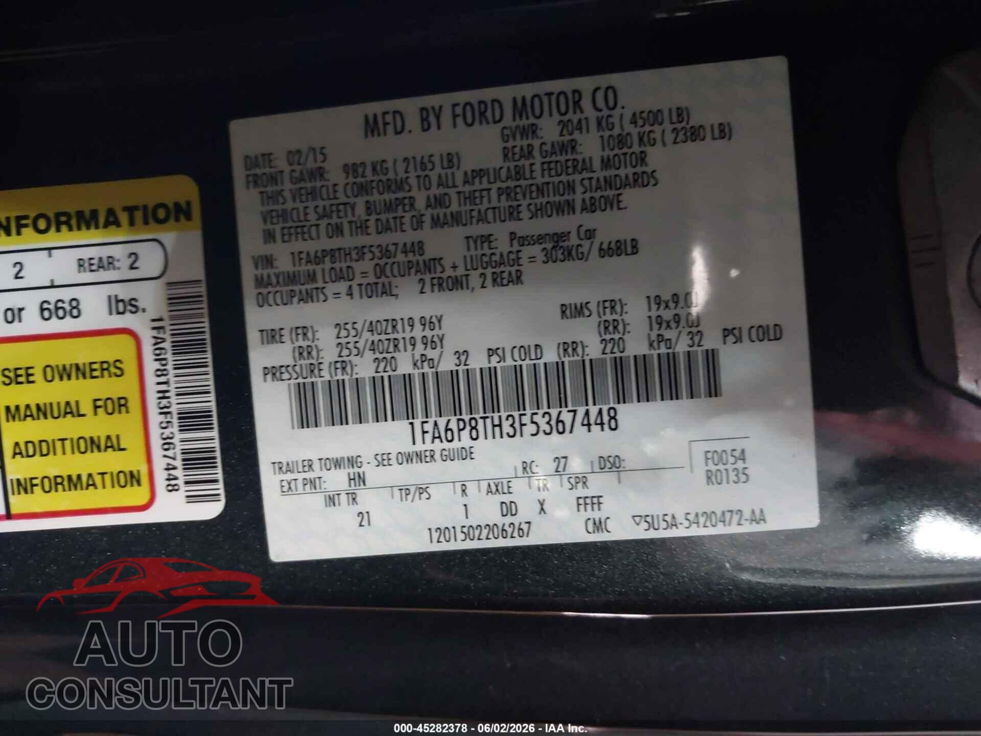 FORD MUSTANG 2015 - 1FA6P8TH3F5367448