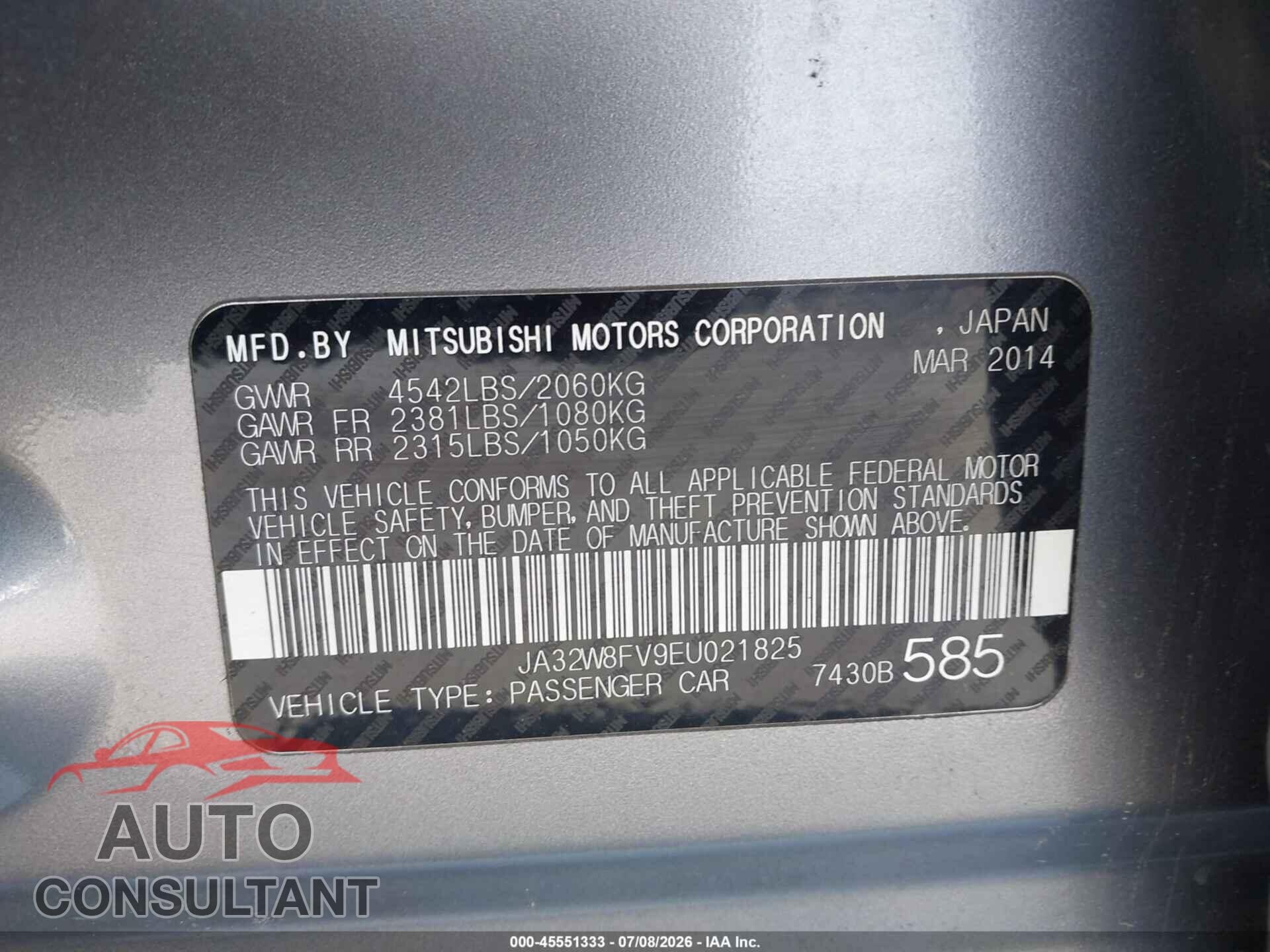 MITSUBISHI LANCER EVOLUTION 2014 - JA32W8FV9EU021825