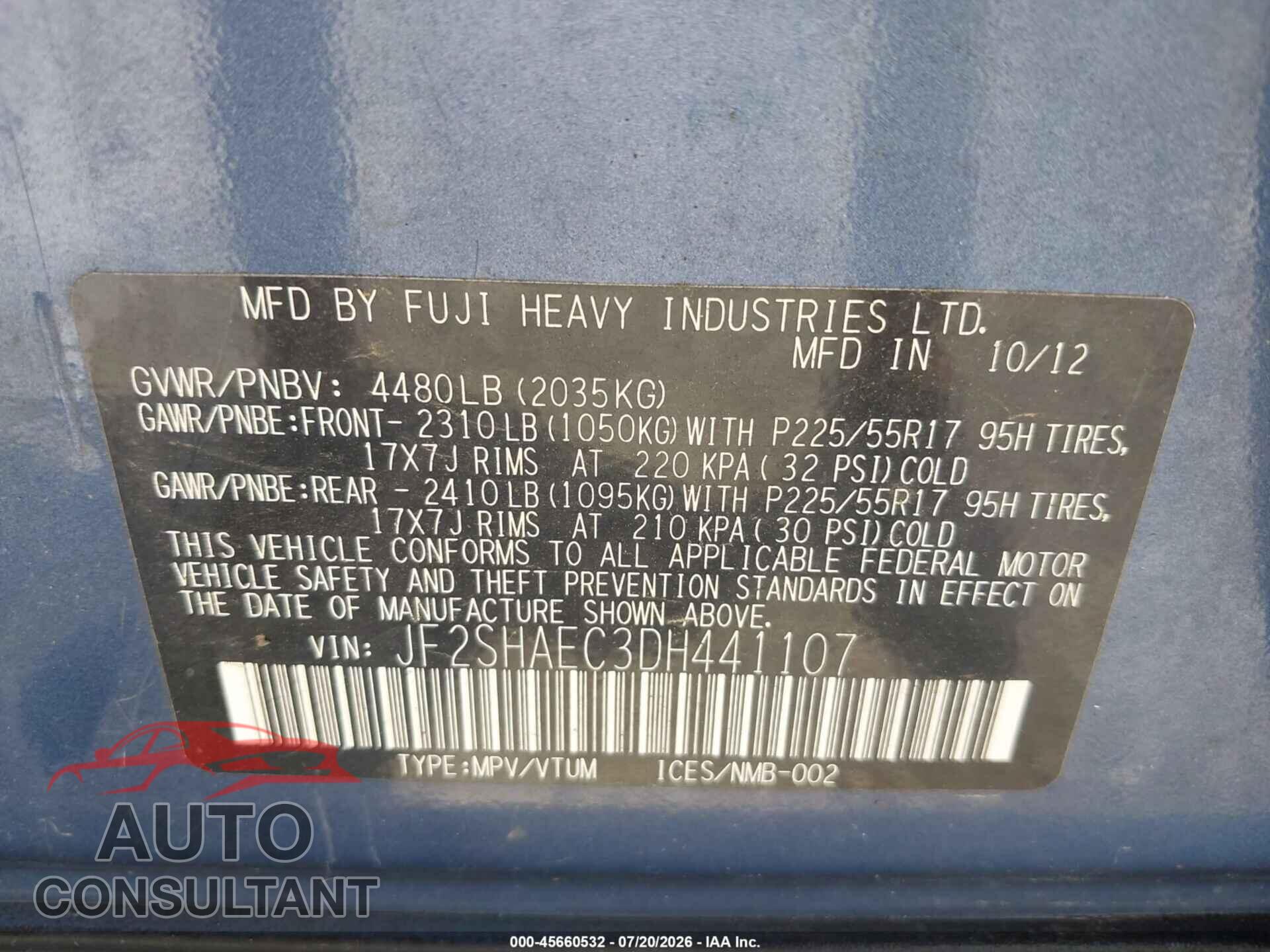 SUBARU FORESTER 2013 - JF2SHAEC3DH441107