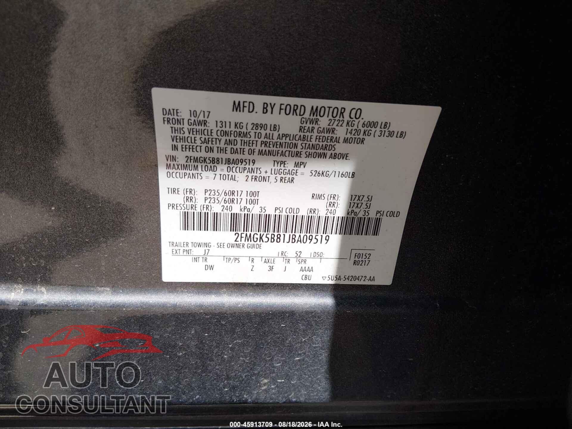 FORD FLEX 2018 - 2FMGK5B81JBA09519