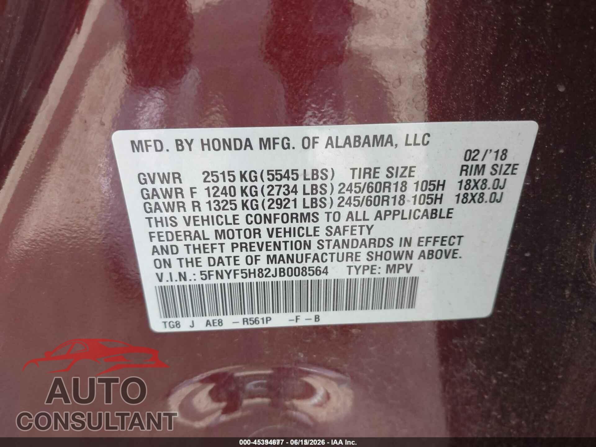 HONDA PILOT 2018 - 5FNYF5H82JB008564
