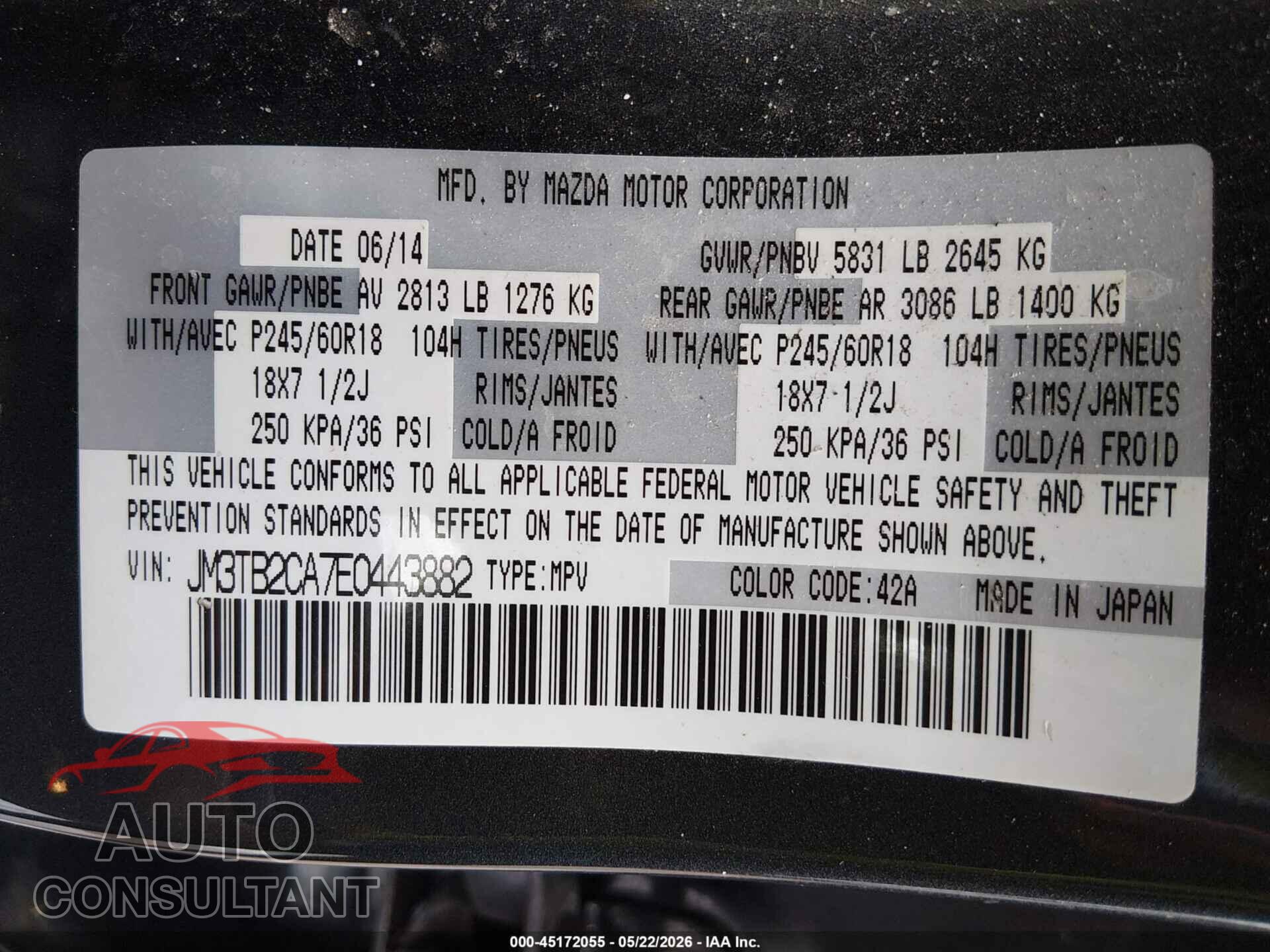 MAZDA CX-9 2014 - JM3TB2CA7E0443882