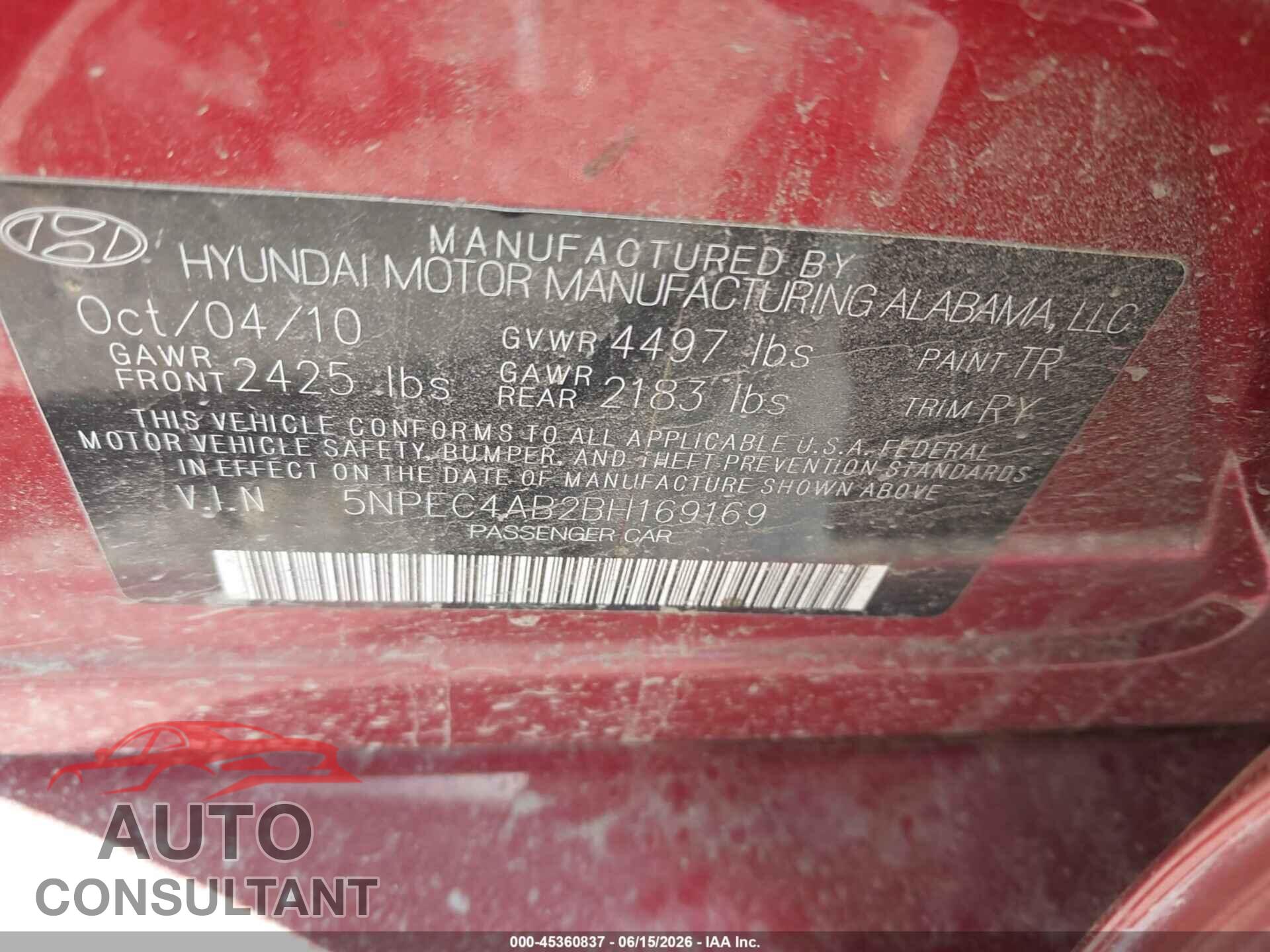 HYUNDAI SONATA 2011 - 5NPEC4AB2BH169169