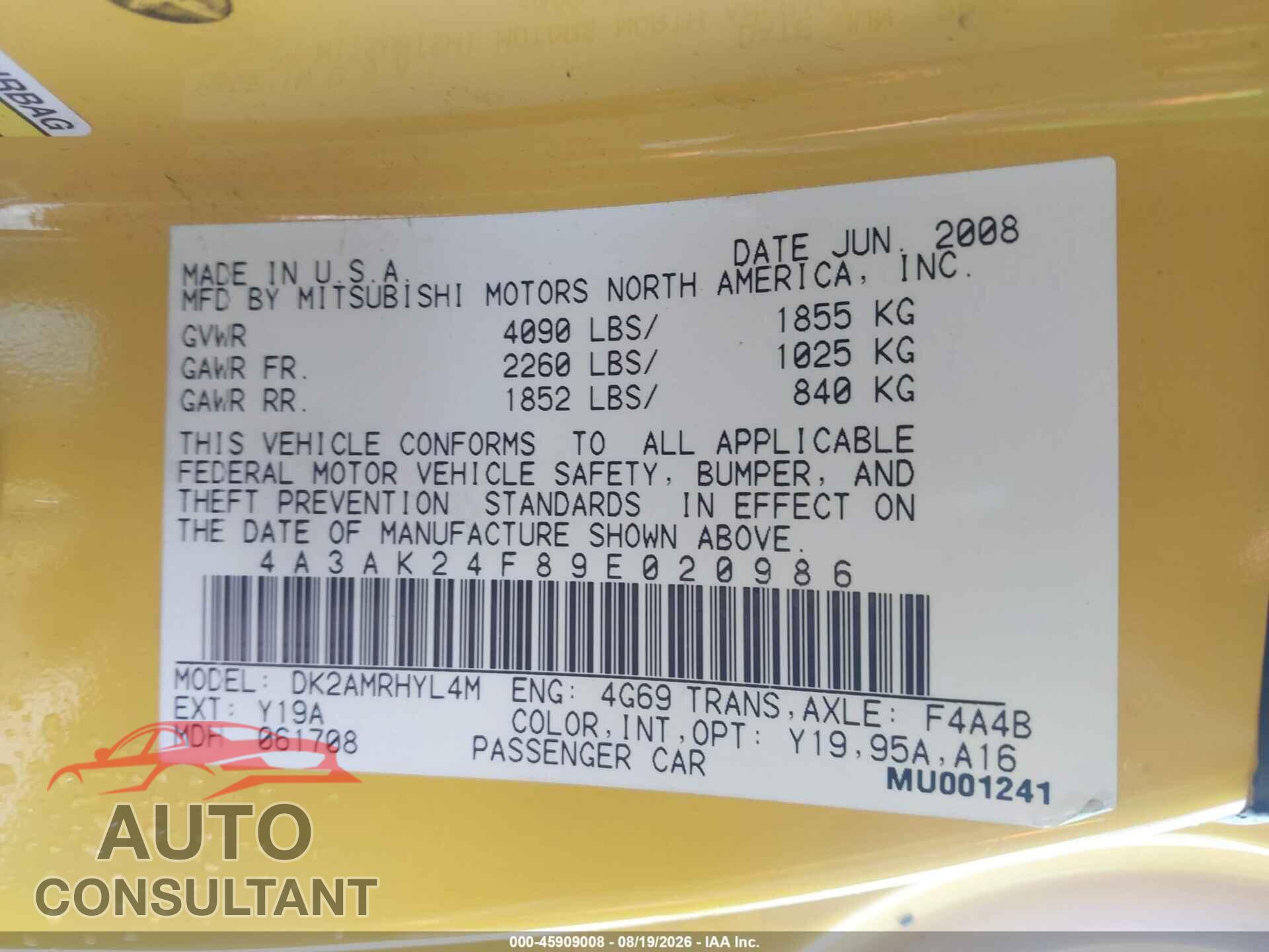 MITSUBISHI ECLIPSE 2009 - 4A3AK24F89E020986
