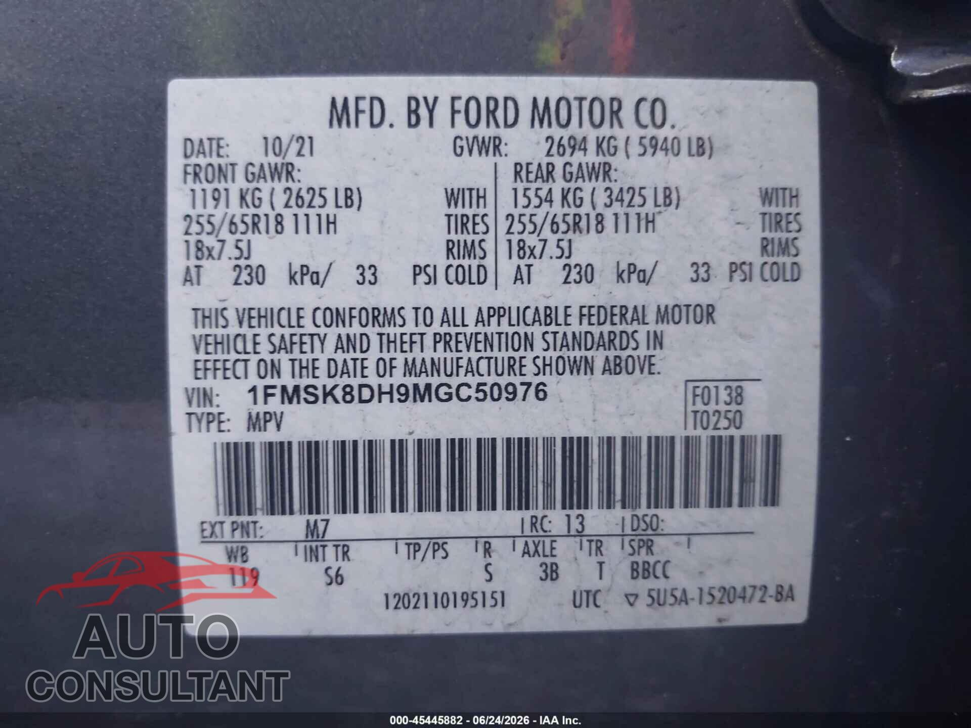FORD EXPLORER 2021 - 1FMSK8DH9MGC50976