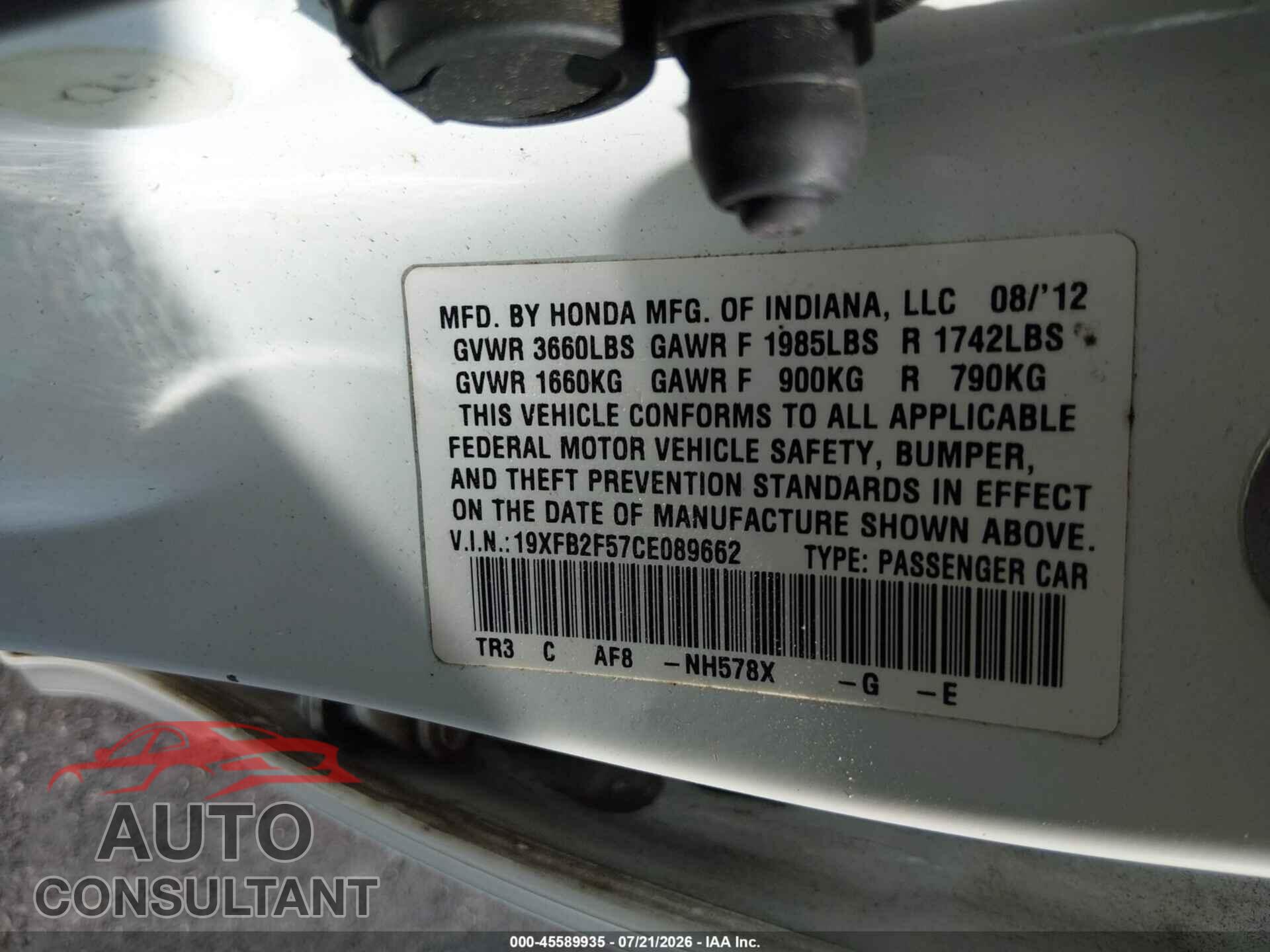 HONDA CIVIC 2012 - 19XFB2F57CE089662