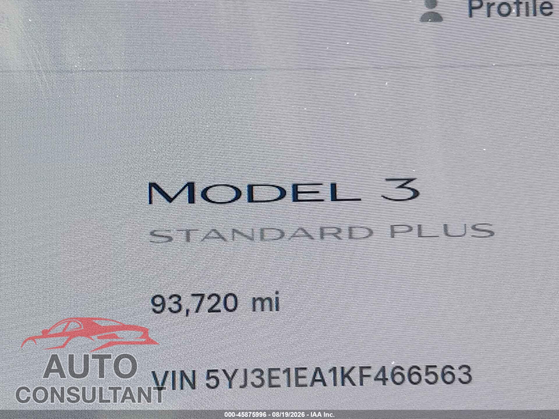 TESLA MODEL 3 2019 - 5YJ3E1EA1KF466563