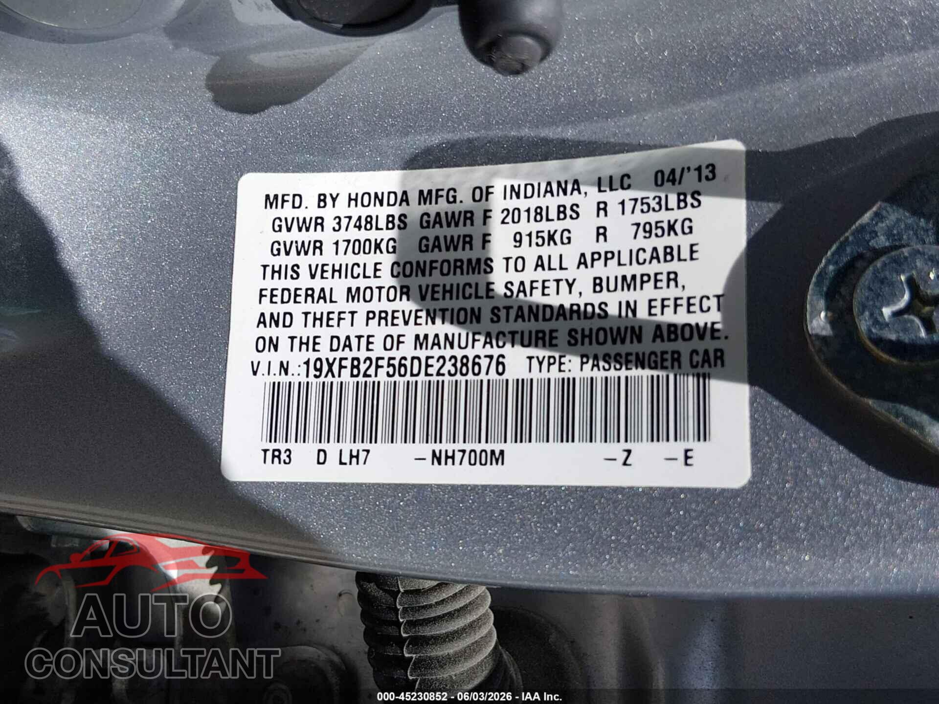 HONDA CIVIC 2013 - 19XFB2F56DE238676