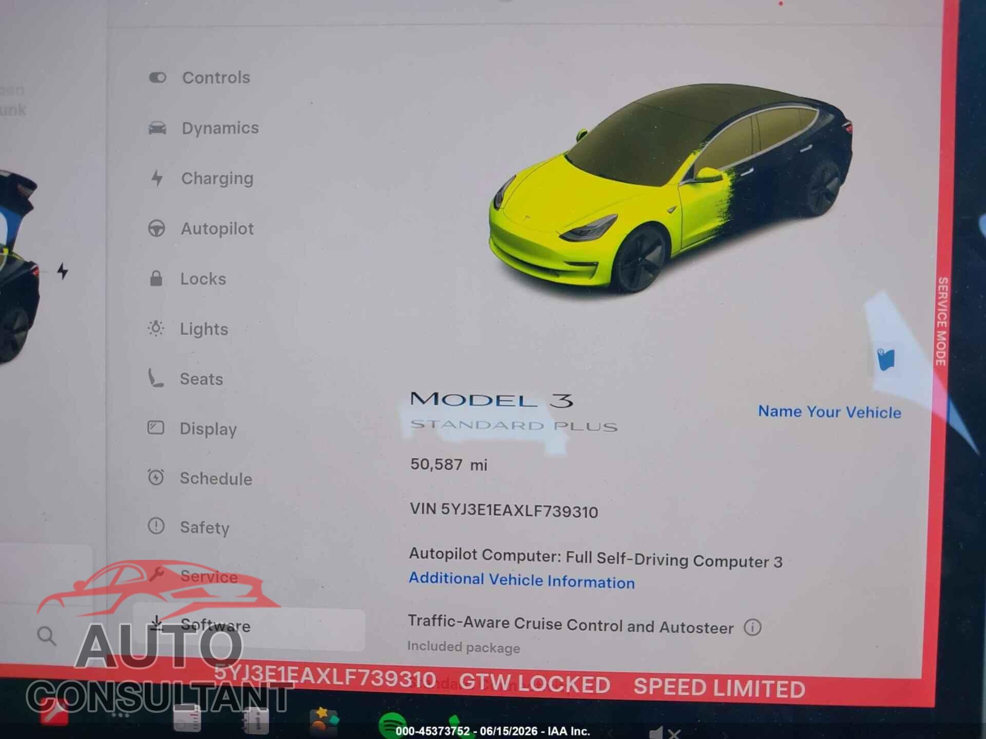 TESLA MODEL 3 2020 - 5YJ3E1EAXLF739310